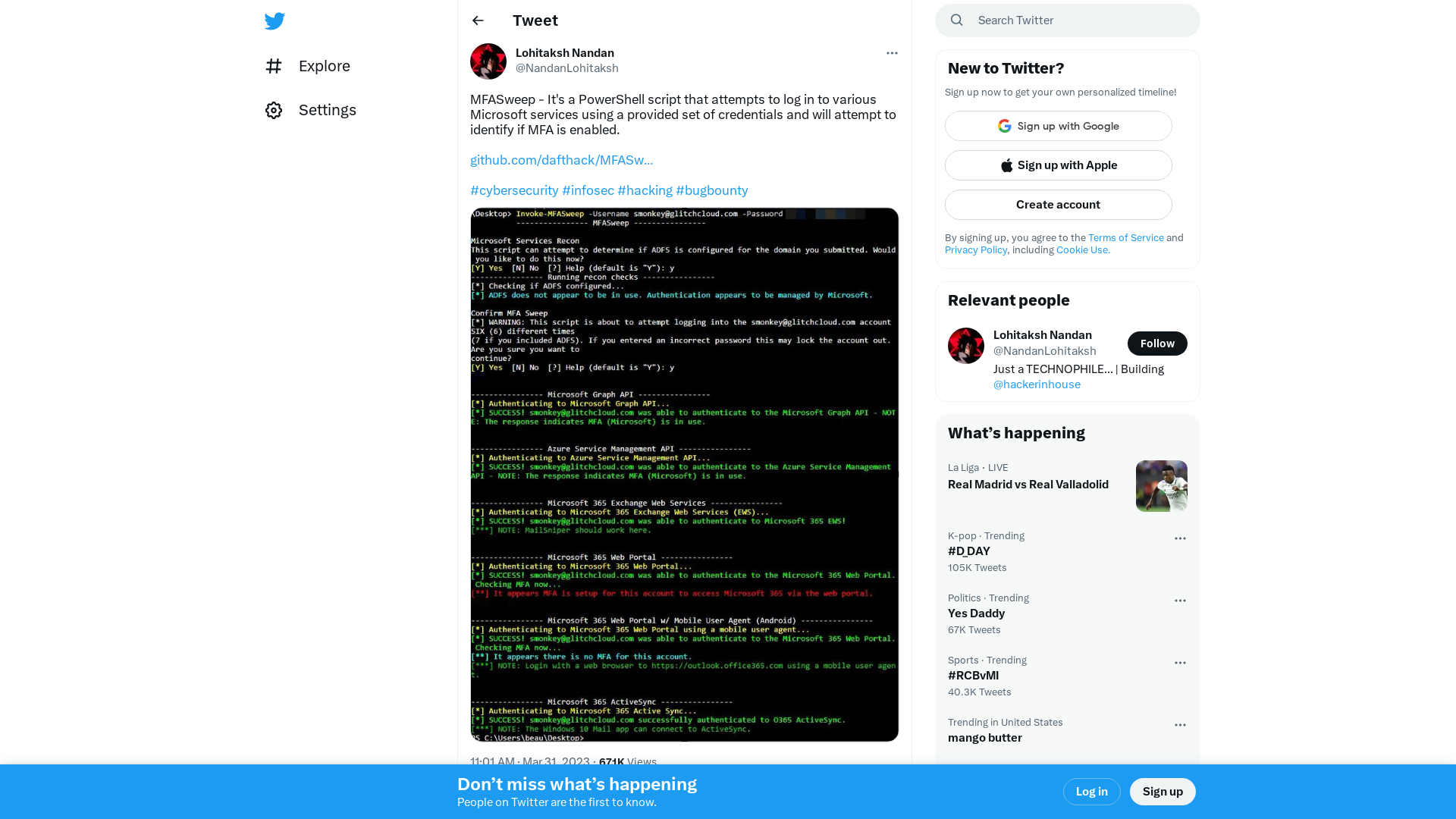 Lohitaksh Nandan on Twitter: "MFASweep - It's a PowerShell script that attempts to log in to various Microsoft services using a provided set of credentials and will attempt to identify if MFA is enabled. https://t.co/LKbzFUMCQf #cybersecurity #infosec #hacking #bugbounty https://t.co/JbbRYxwMTQ" / Twitter