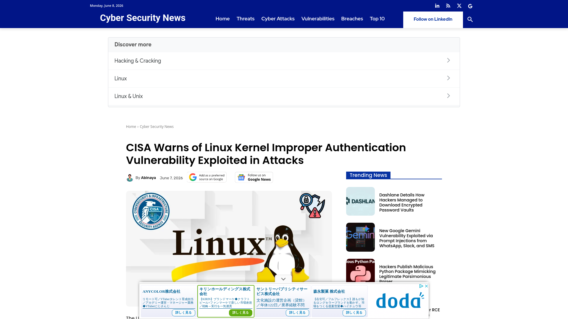 CISA Warns of Linux Kernel Improper Authentication Vulnerability Exploited in Attacks