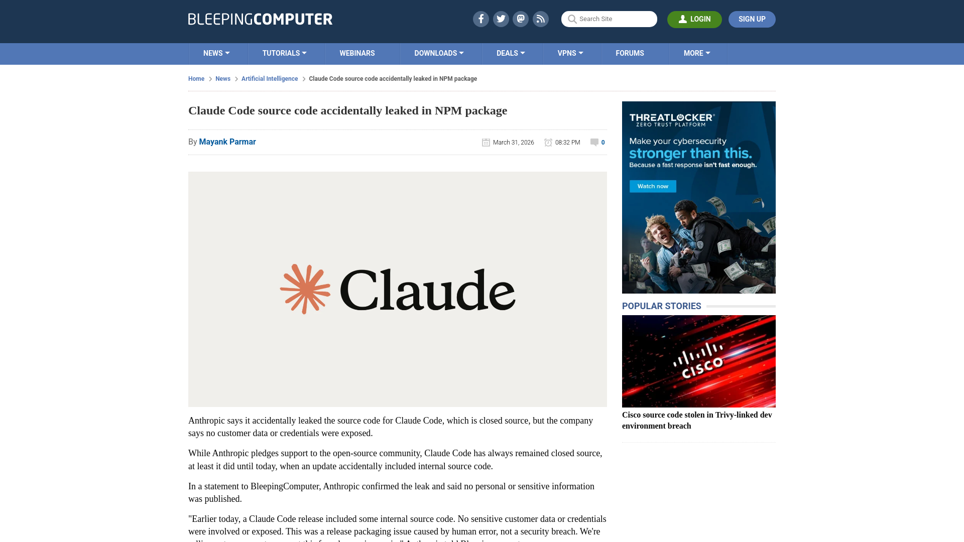 Claude Code source code accidentally leaked in NPM package