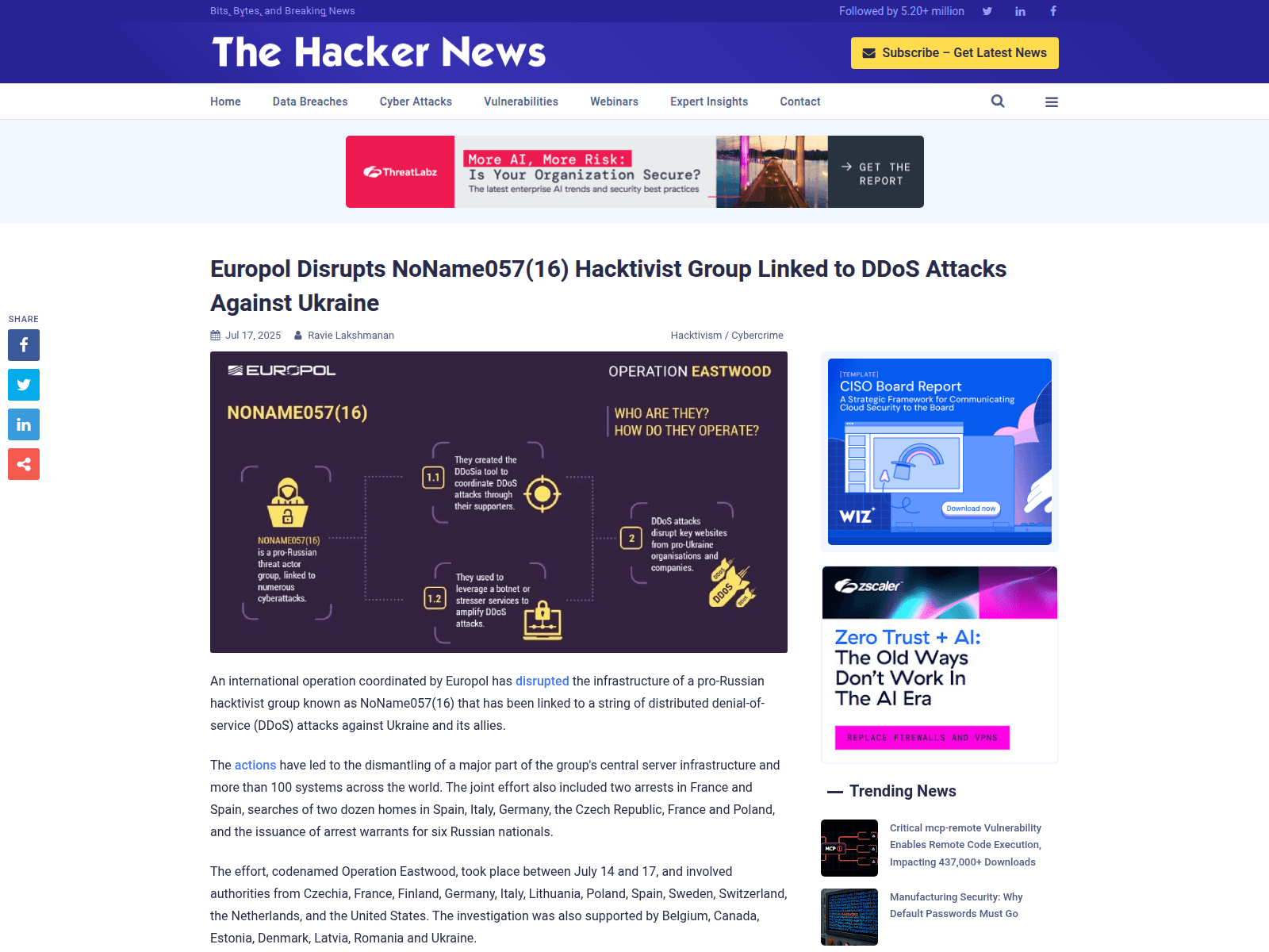 Europol Disrupts NoName057(16) Hacktivist Group Linked to DDoS Attacks Against Ukraine
