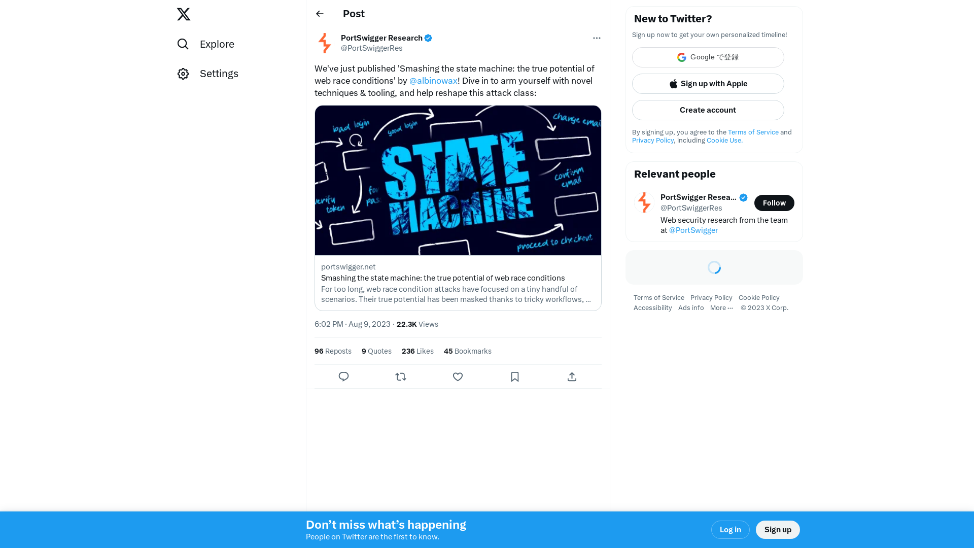 PortSwigger Research on Twitter: "We've just published 'Smashing the state machine: the true potential of web race conditions' by @albinowax! Dive in to arm yourself with novel techniques &amp; tooling, and help reshape this attack class: https://t.co/GJOOn4Wmab" / X