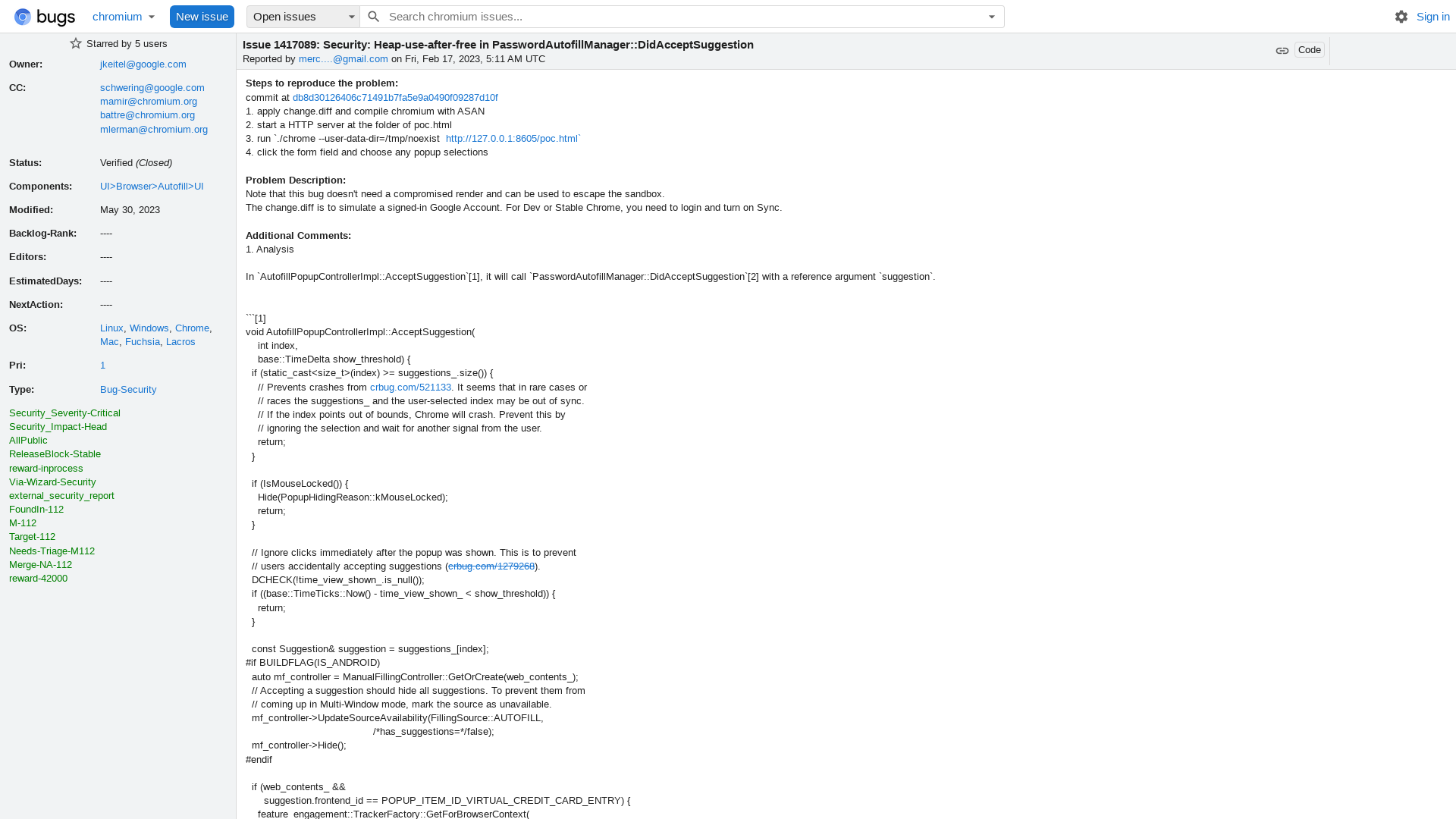1417089 - Security: Heap-use-after-free in PasswordAutofillManager::DidAcceptSuggestion - chromium