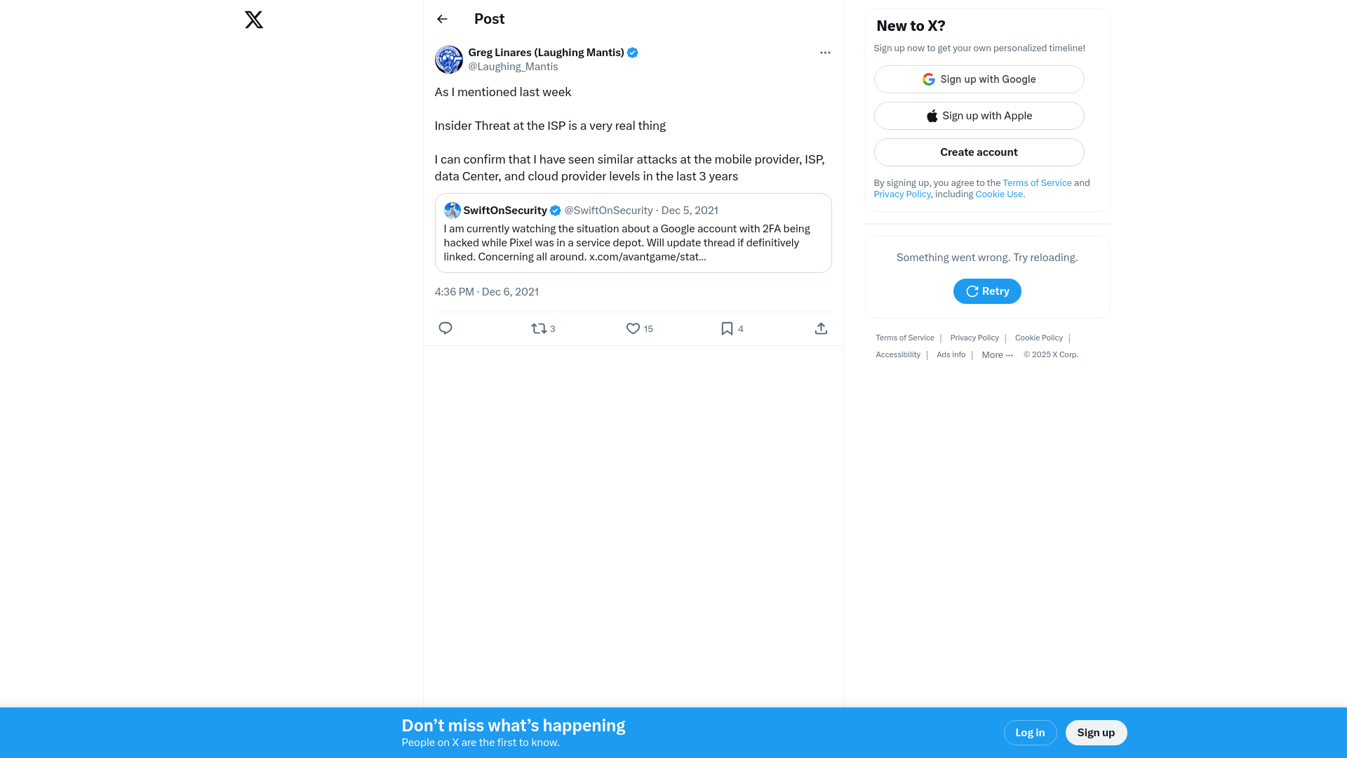 Greg Linares (Laughing Mantis) on X: "As I mentioned last week Insider Threat at the ISP is a very real thing I can confirm that I have seen similar attacks at the mobile provider, ISP, data Center, and cloud provider levels in the last 3 years" / X