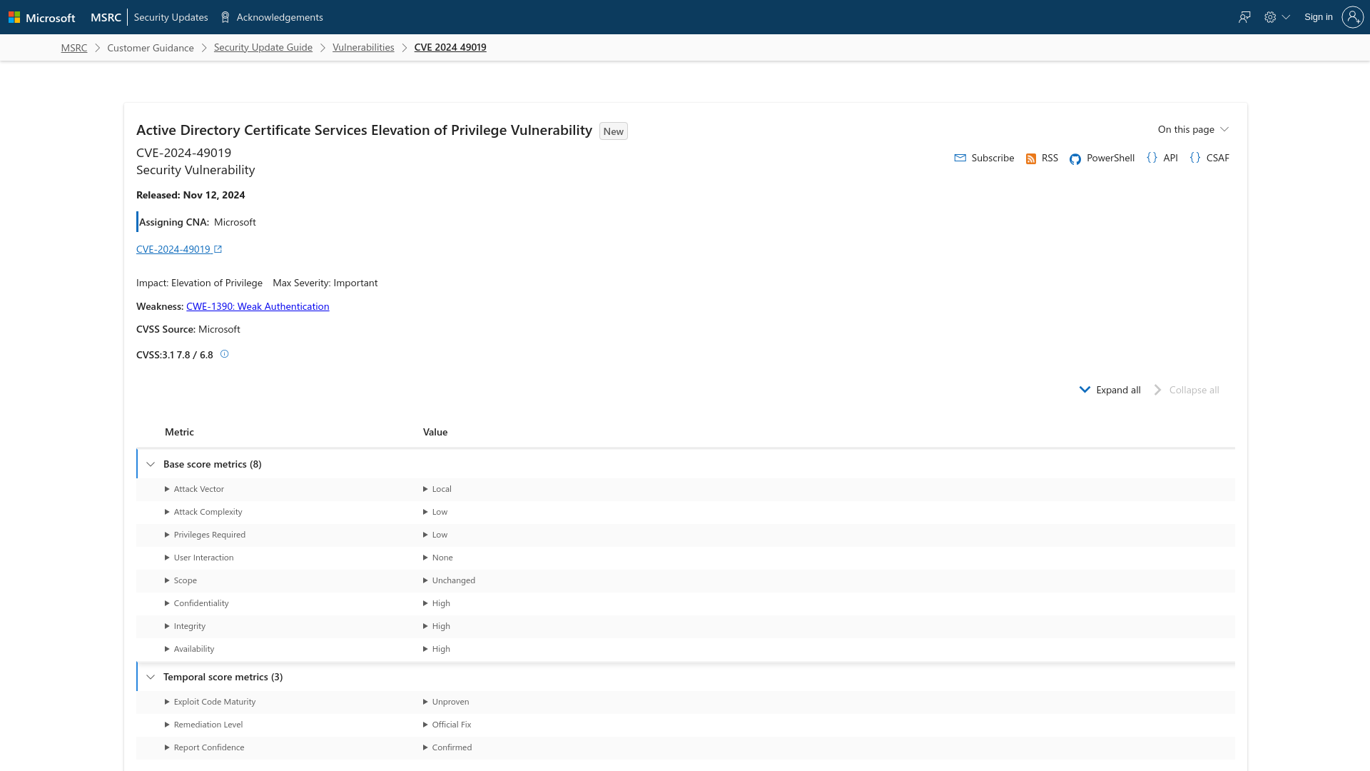 CVE-2024-49019 - Security Update Guide - Microsoft - Active Directory Certificate Services Elevation of Privilege Vulnerability