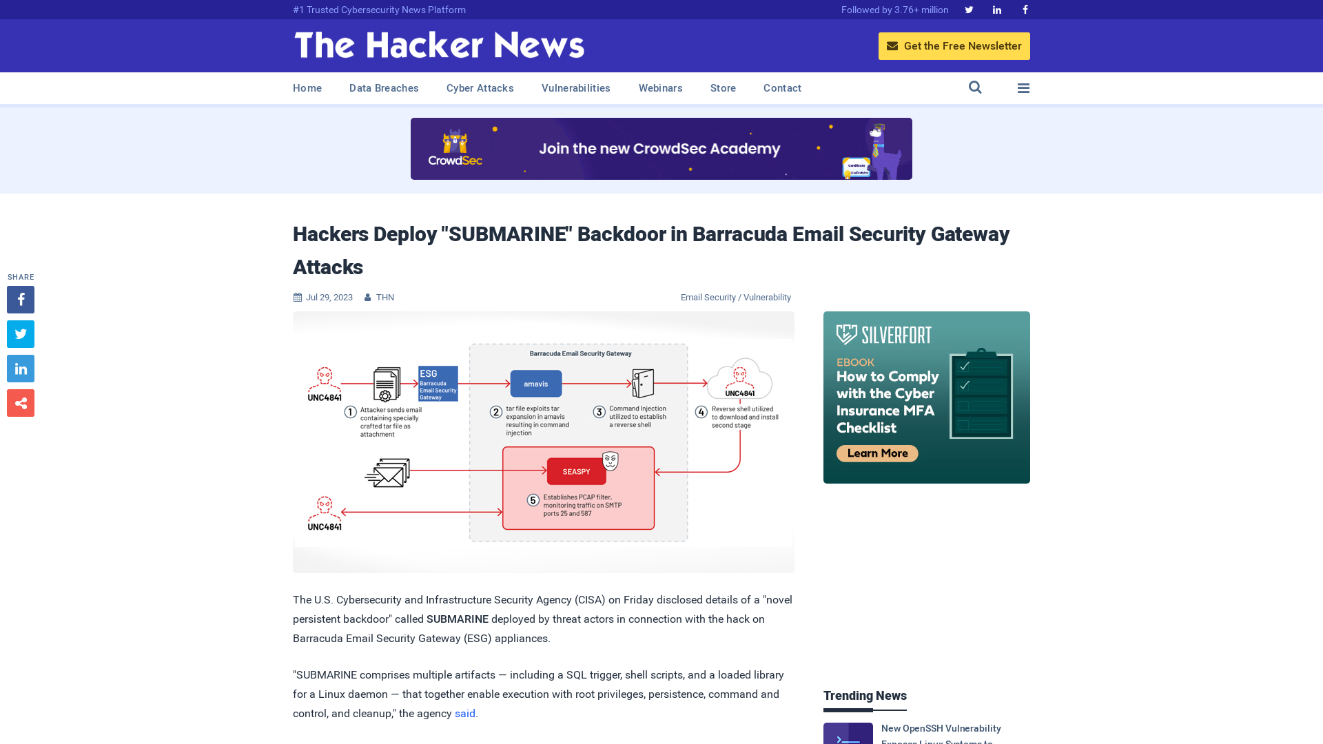 Hackers Deploy "SUBMARINE" Backdoor in Barracuda Email Security Gateway Attacks