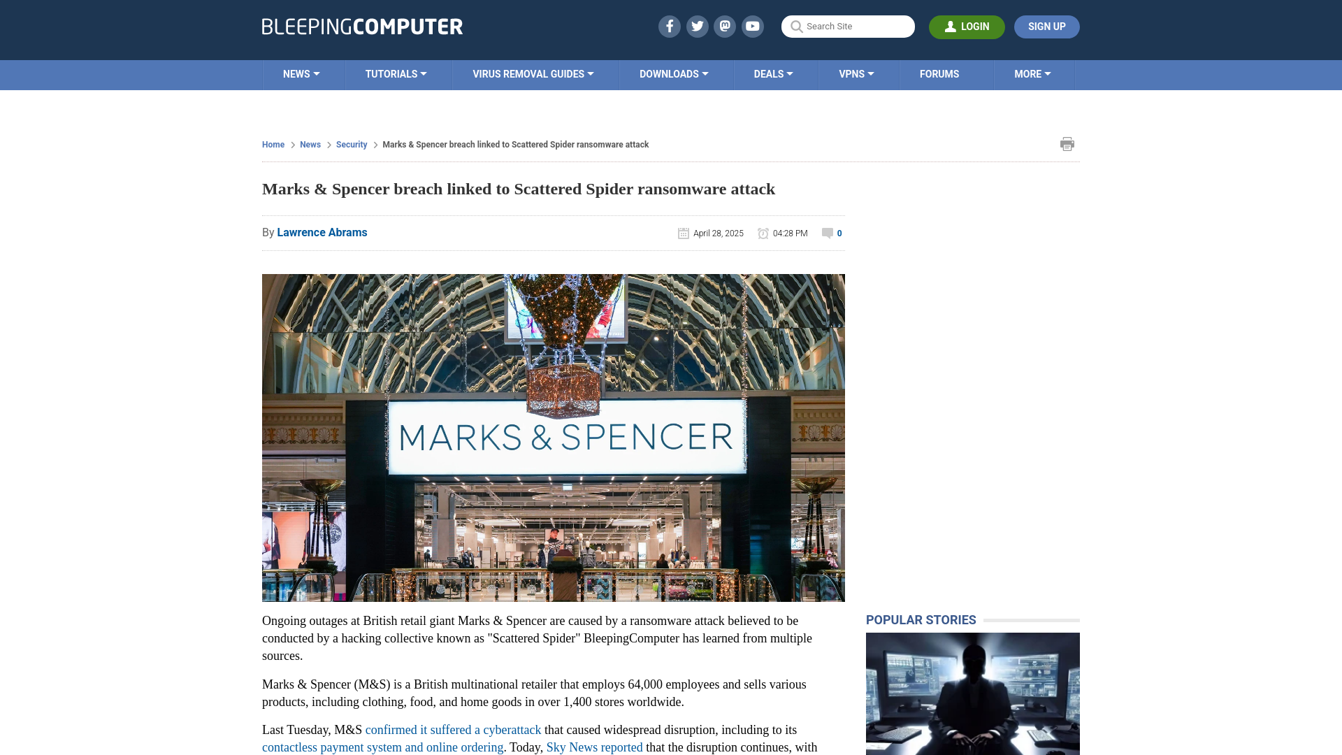 Marks & Spencer breach linked to Scattered Spider ransomware attack