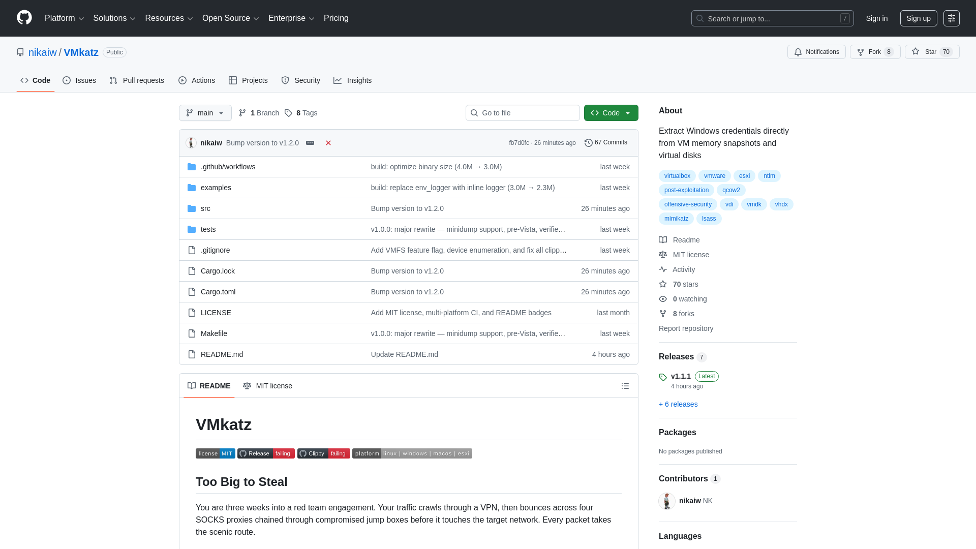 GitHub - nikaiw/VMkatz: Extract Windows credentials directly from VM memory snapshots and virtual disks · GitHub