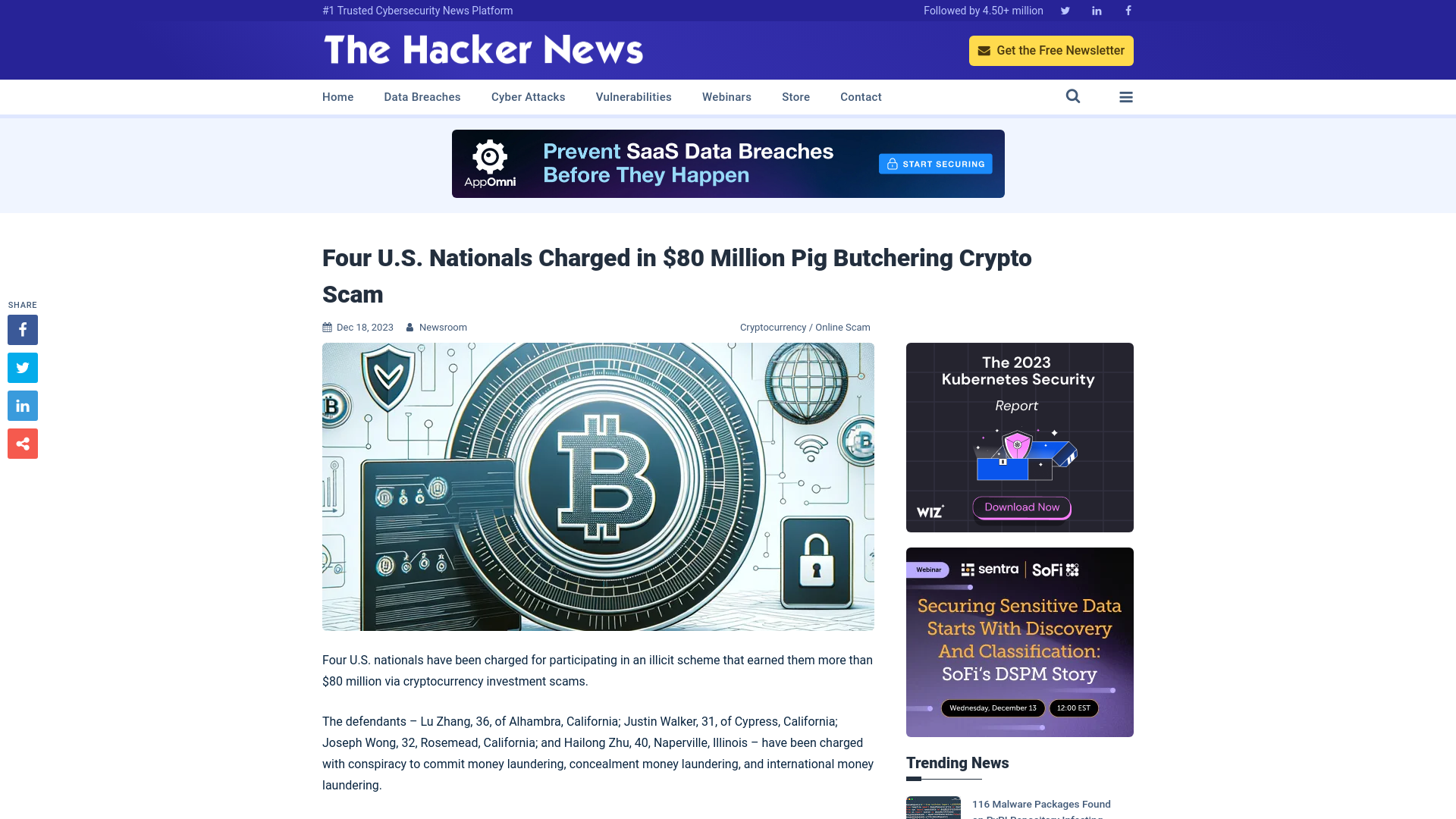 Four U.S. Nationals Charged in $80 Million Pig Butchering Crypto Scam