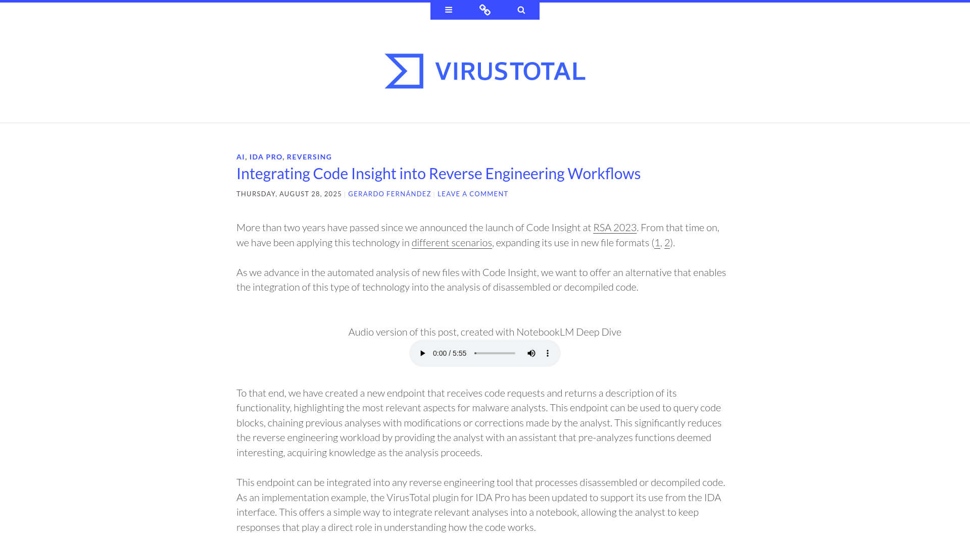 Integrating Code Insight into Reverse Engineering Workflows ~ VirusTotal Blog