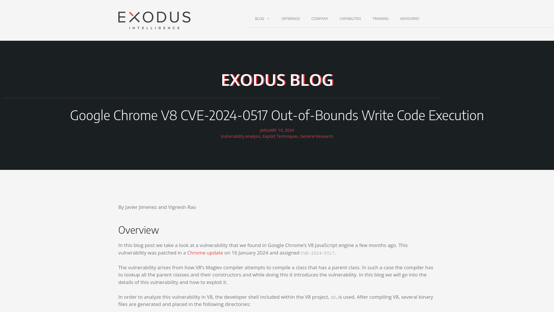 Google Chrome V8 CVE-2024-0517 Out-of-Bounds Write Code Execution - Exodus Intelligence