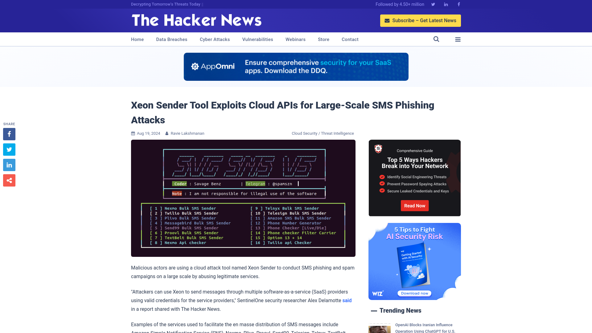 Xeon Sender Tool Exploits Cloud APIs for Large-Scale SMS Phishing Attacks