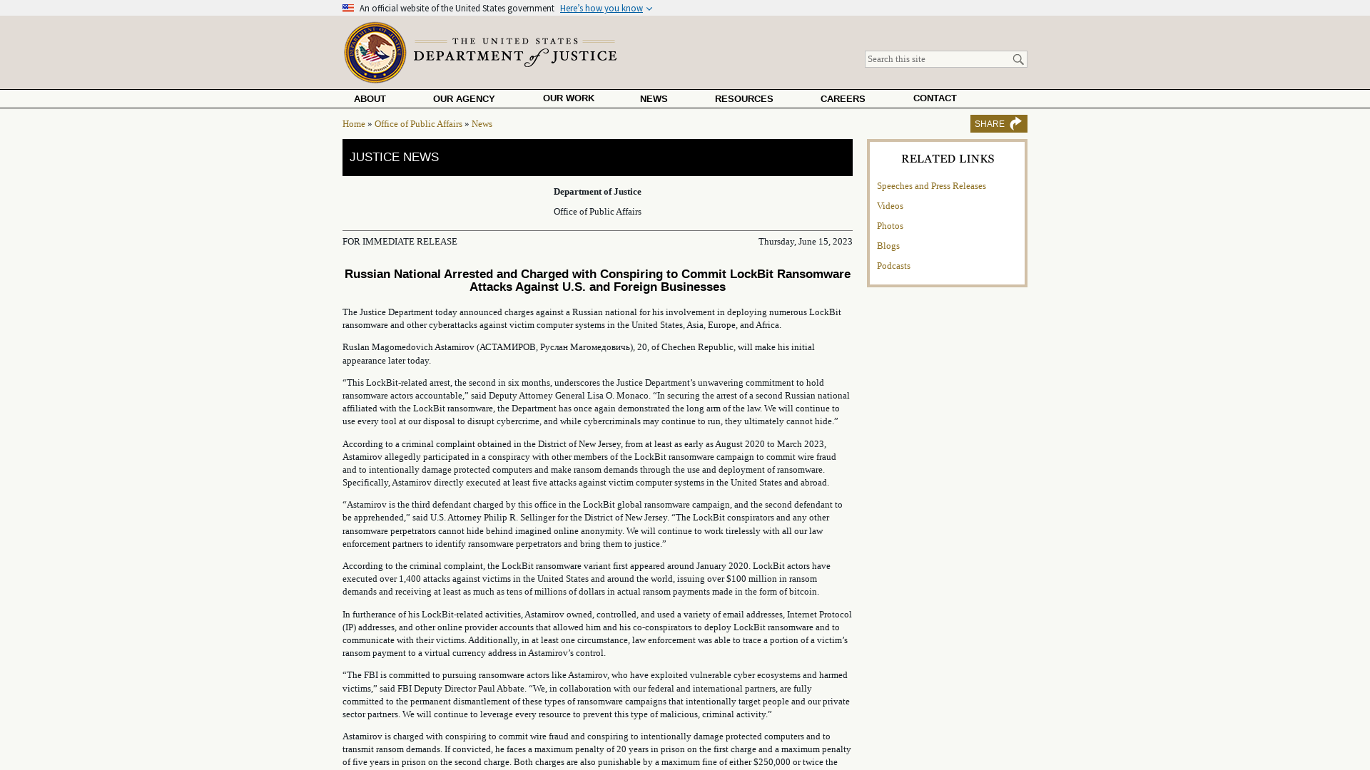 Russian National Arrested and Charged with Conspiring to Commit LockBit Ransomware Attacks Against U.S. and Foreign Businesses | OPA | Department of Justice