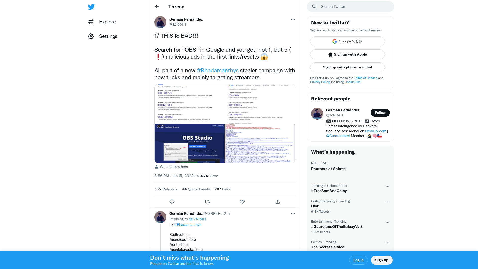 Germán Fernández on Twitter: "1/ THIS IS BAD!!! Search for "OBS" in Google and you get, not 1, but 5 (❗️) malicious ads in the first links/results 😱 All part of a new #Rhadamanthys stealer campaign with new tricks and mainly targeting streamers. https://t.co/Y6Sa3lRTTd" / Twitter