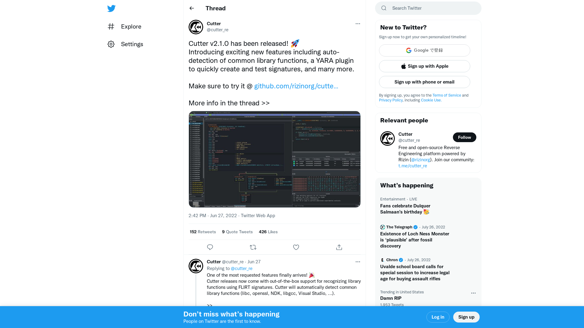Cutter on Twitter: "Cutter v2.1.0 has been released! 🚀 Introducing exciting new features including auto-detection of common library functions, a YARA plugin to quickly create and test signatures, and many more. Make sure to try it @ https://t.co/ip8bQmHDkp More info in the thread >> https://t.co/79uoddIs3I" / Twitter