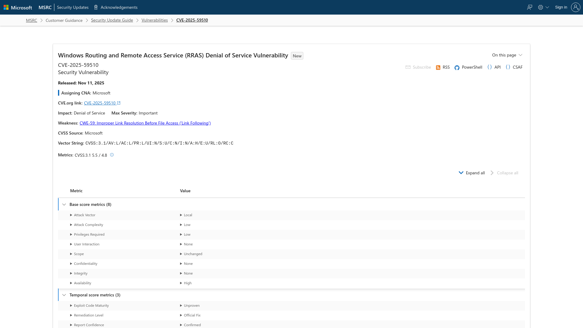 CVE-2025-59510 - Security Update Guide - Microsoft - Windows Routing and Remote Access Service (RRAS) Denial of Service Vulnerability