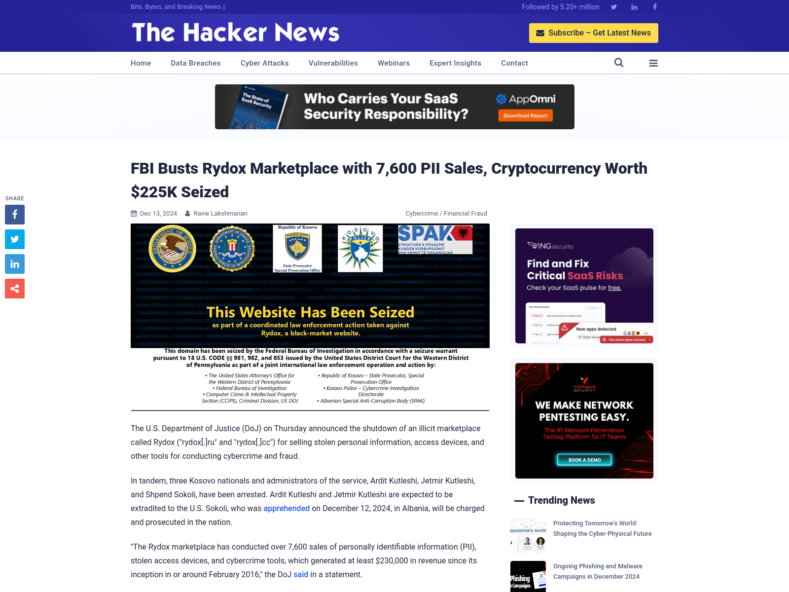 FBI Busts Rydox Marketplace with 7,600 PII Sales, Cryptocurrency Worth $225K Seized