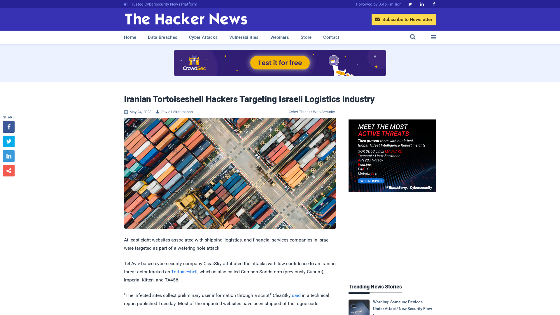 Iranian Tortoiseshell Hackers Targeting Israeli Logistics Industry