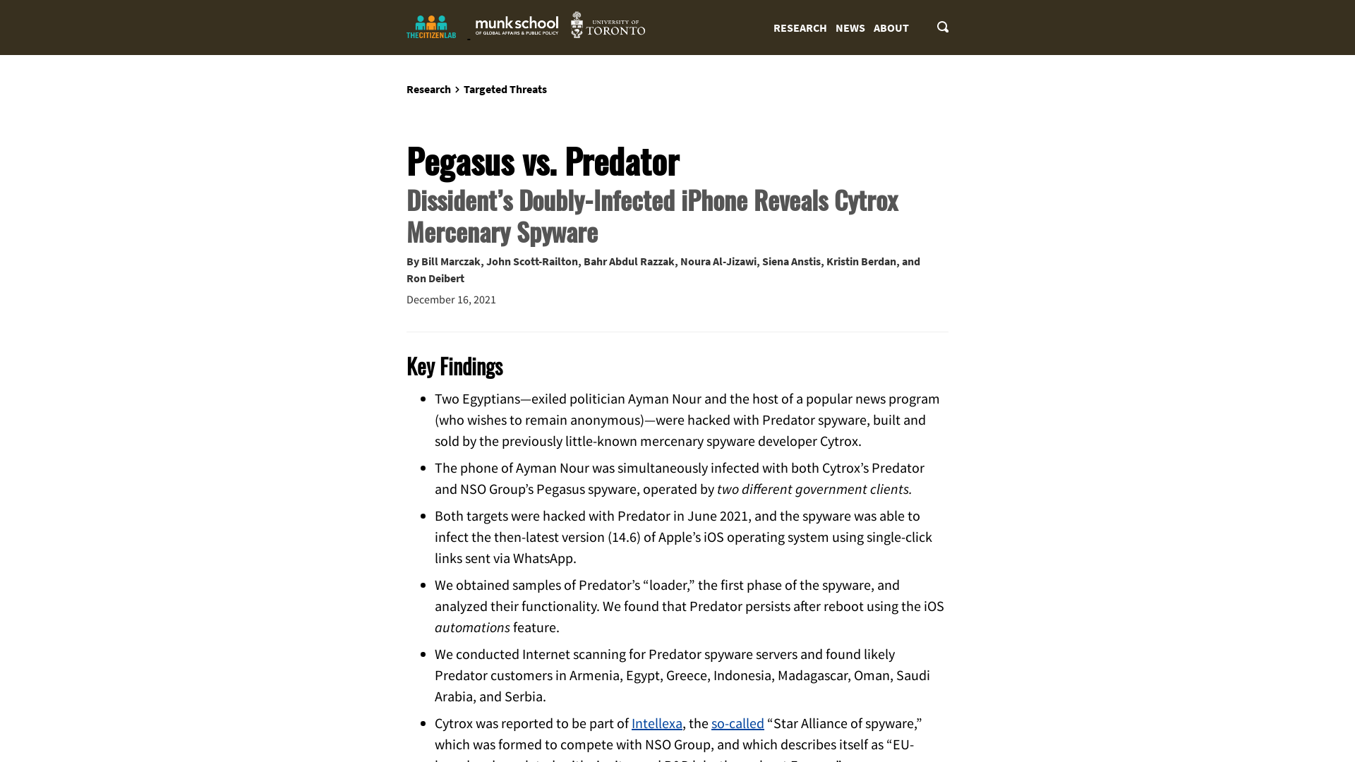 Pegasus vs. Predator: Dissident's Doubly-Infected iPhone Reveals Cytrox Mercenary Spyware - The Citizen Lab