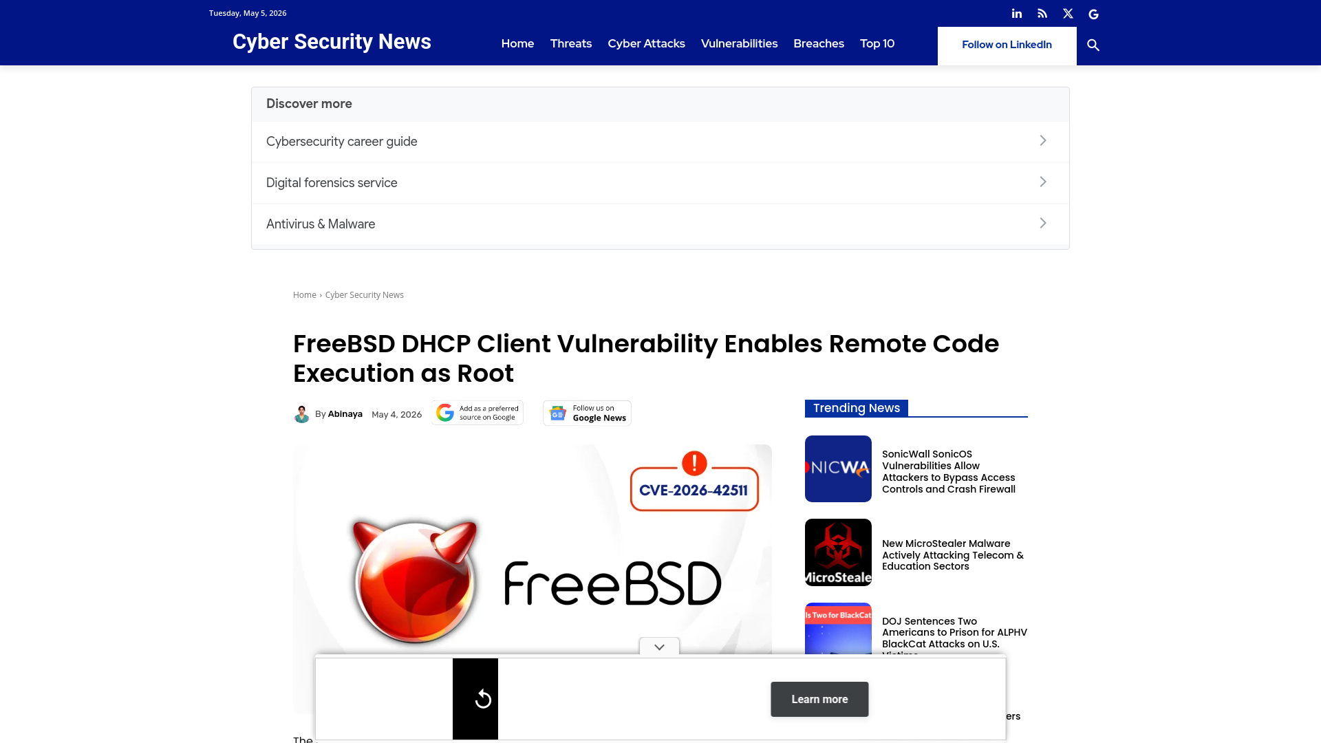 FreeBSD DHCP Client Vulnerability Enables Remote Code Execution as Root