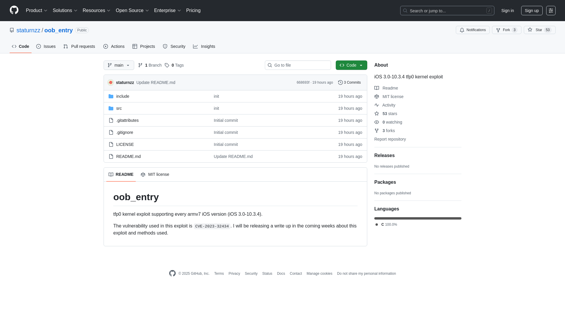 GitHub - staturnzz/oob_entry: iOS 3.0-10.3.4 tfp0 kernel exploit