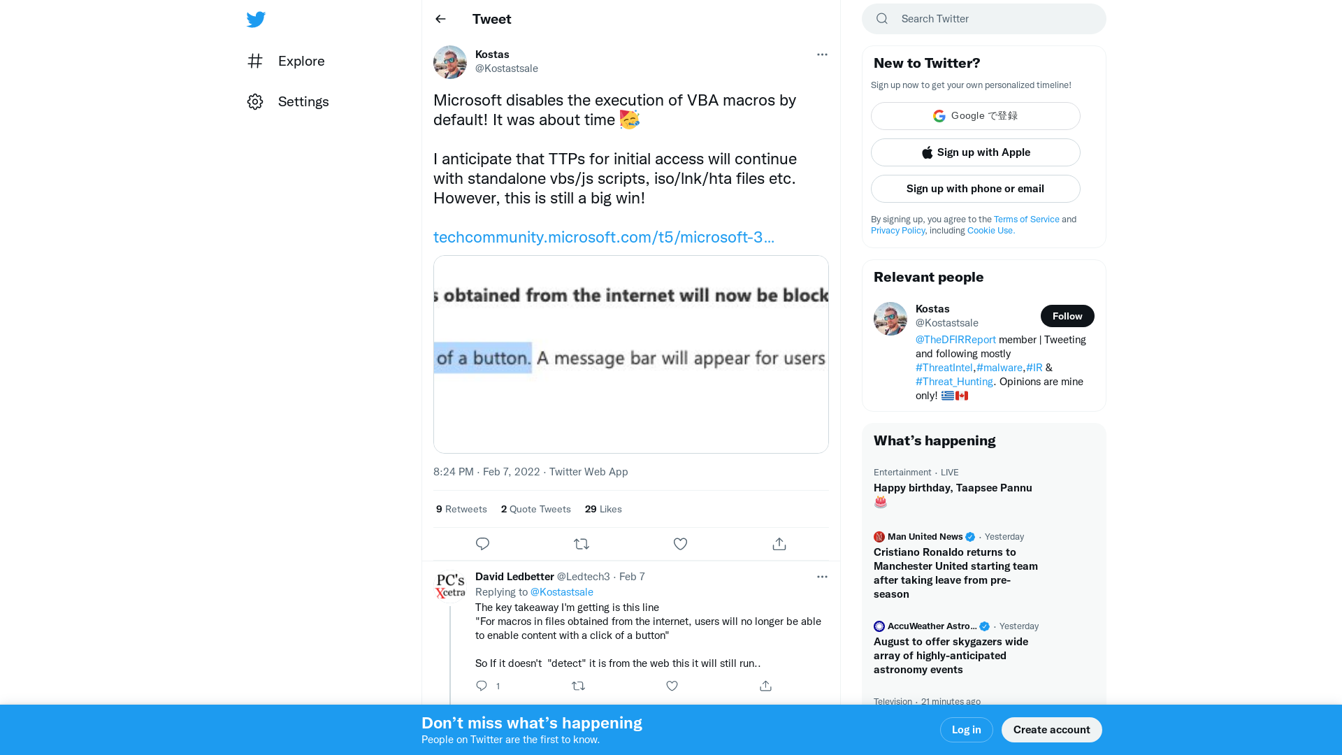 Kostas on Twitter: "Microsoft disables the execution of VBA macros by default! It was about time 🥳 I anticipate that TTPs for initial access will continue with standalone vbs/js scripts, iso/lnk/hta files etc. However, this is still a big win! https://t.co/137k0QRF2R https://t.co/LOlnyf57il" / Twitter