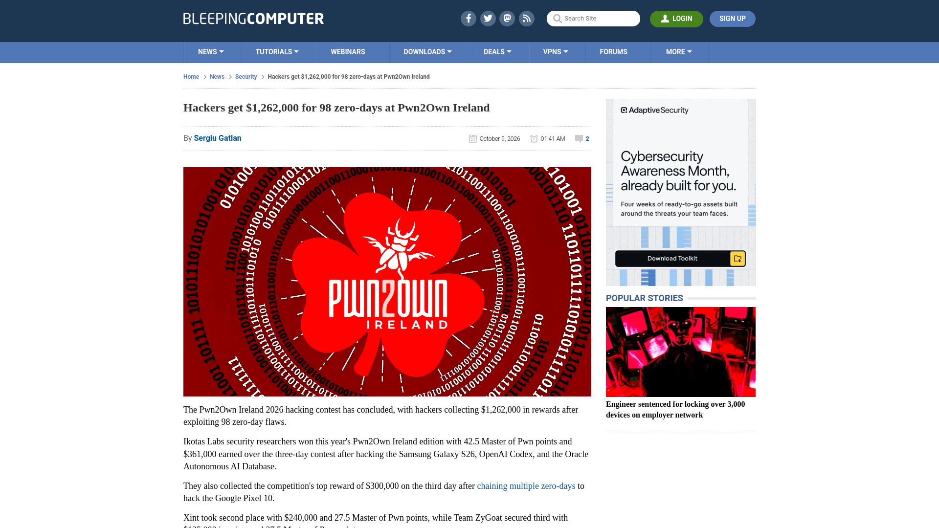 Hackers get $1,262,000 for 98 zero-days at Pwn2Own Ireland