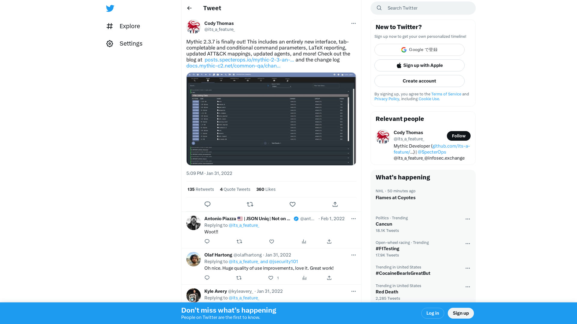 Cody Thomas on Twitter: "Mythic 2.3.7 is finally out! This includes an entirely new interface, tab-completable and conditional command parameters, LaTeX reporting, updated ATT&amp;CK mappings, updated agents, and more! Check out the blog at https://t.co/Fy7kxeEuJU and the change log https://t.co/MhpM8LzakI https://t.co/zqZQFHCjIM" / Twitter