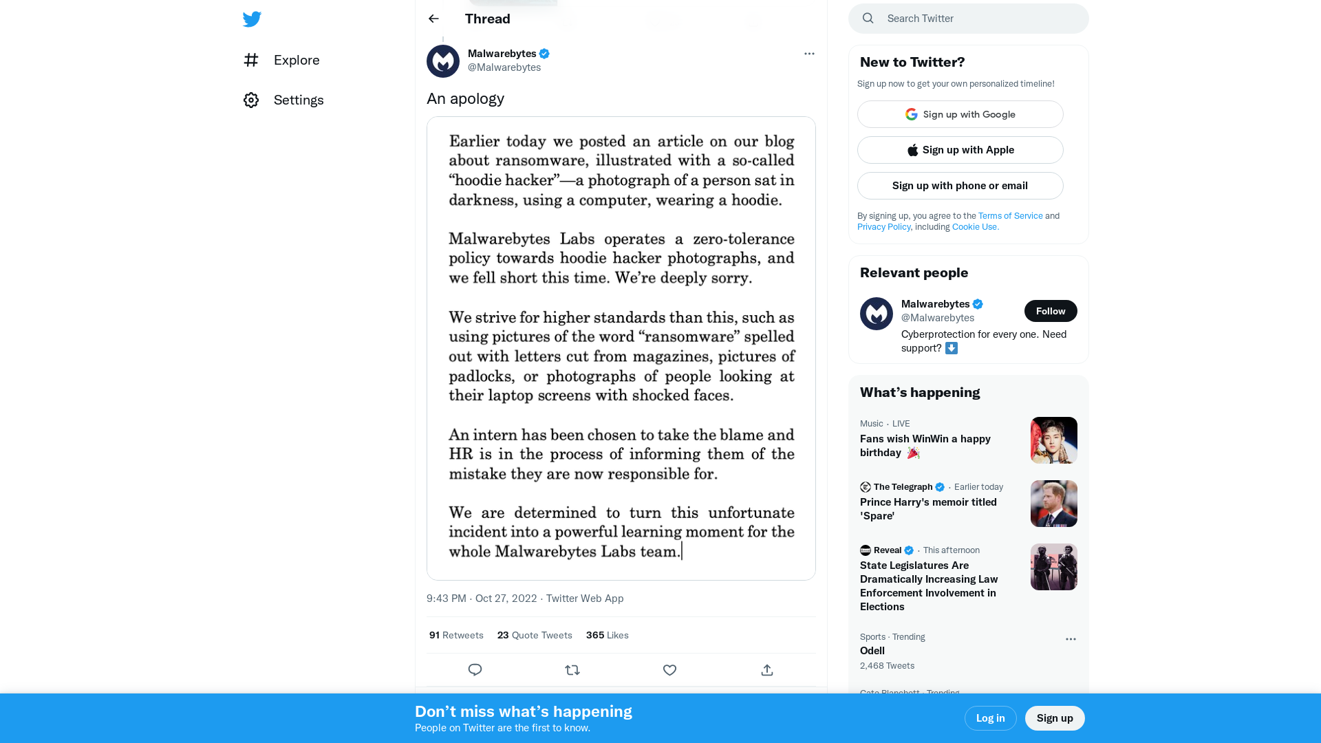 Malwarebytes on Twitter: "An apology https://t.co/8A3UtccX5K" / Twitter