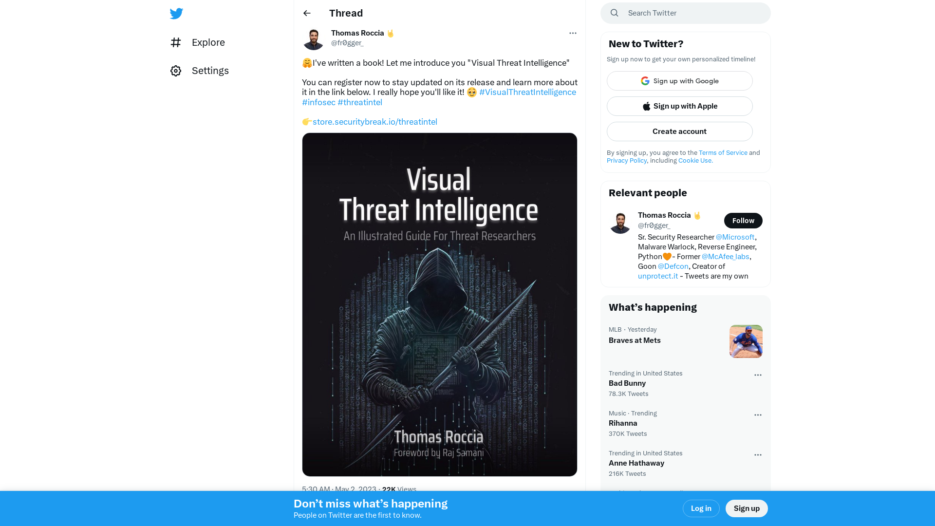 Thomas Roccia 🤘 on Twitter: "🤗I've written a book! Let me introduce you "Visual Threat Intelligence" You can register now to stay updated on its release and learn more about it in the link below. I really hope you'll like it! 🥹 #VisualThreatIntelligence #infosec #threatintel 👉https://t.co/REm5TuDRLu https://t.co/4k2vDnRl6k" / Twitter