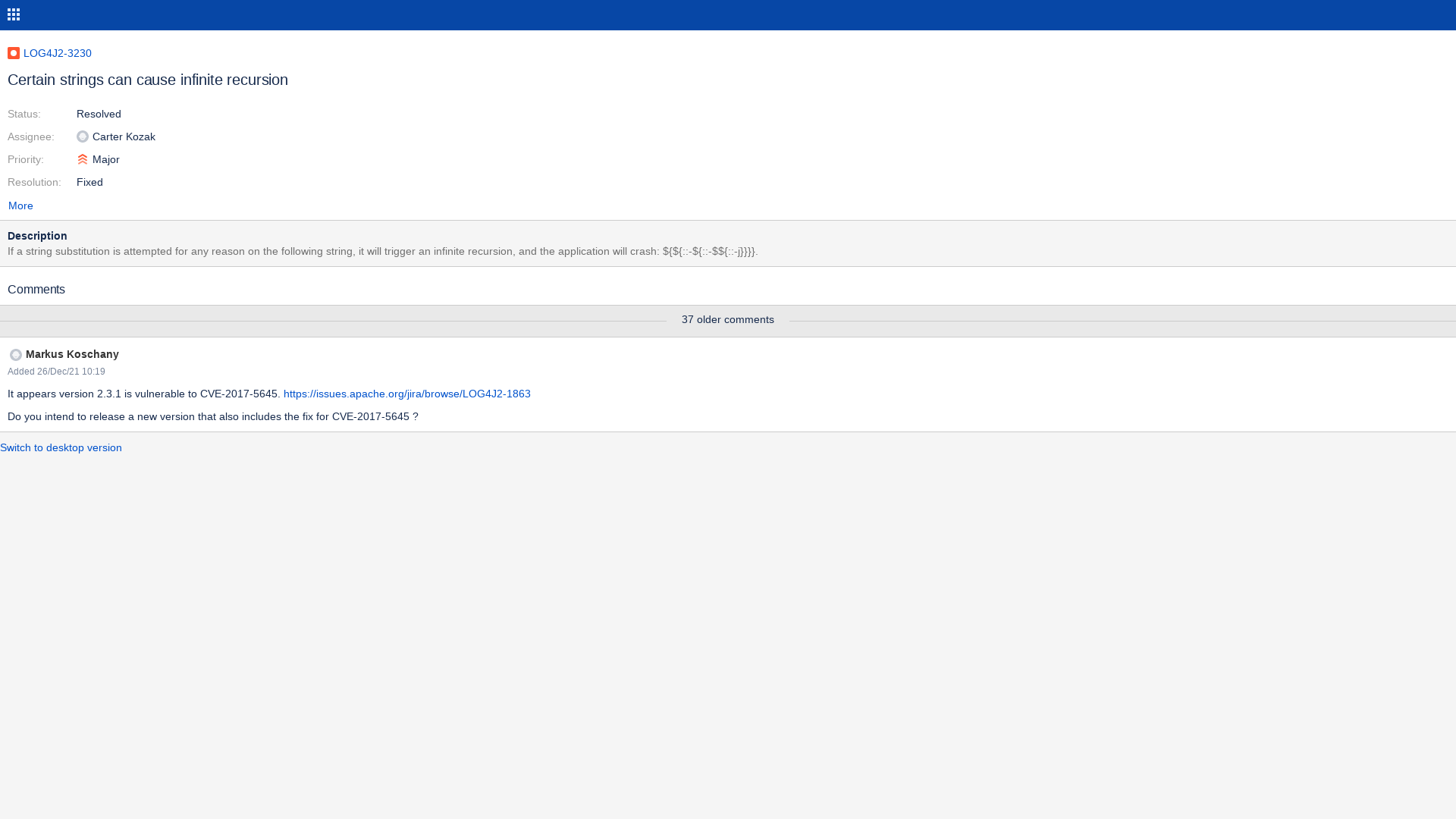 [#LOG4J2-3230] Certain strings can cause infinite recursion - ASF JIRA