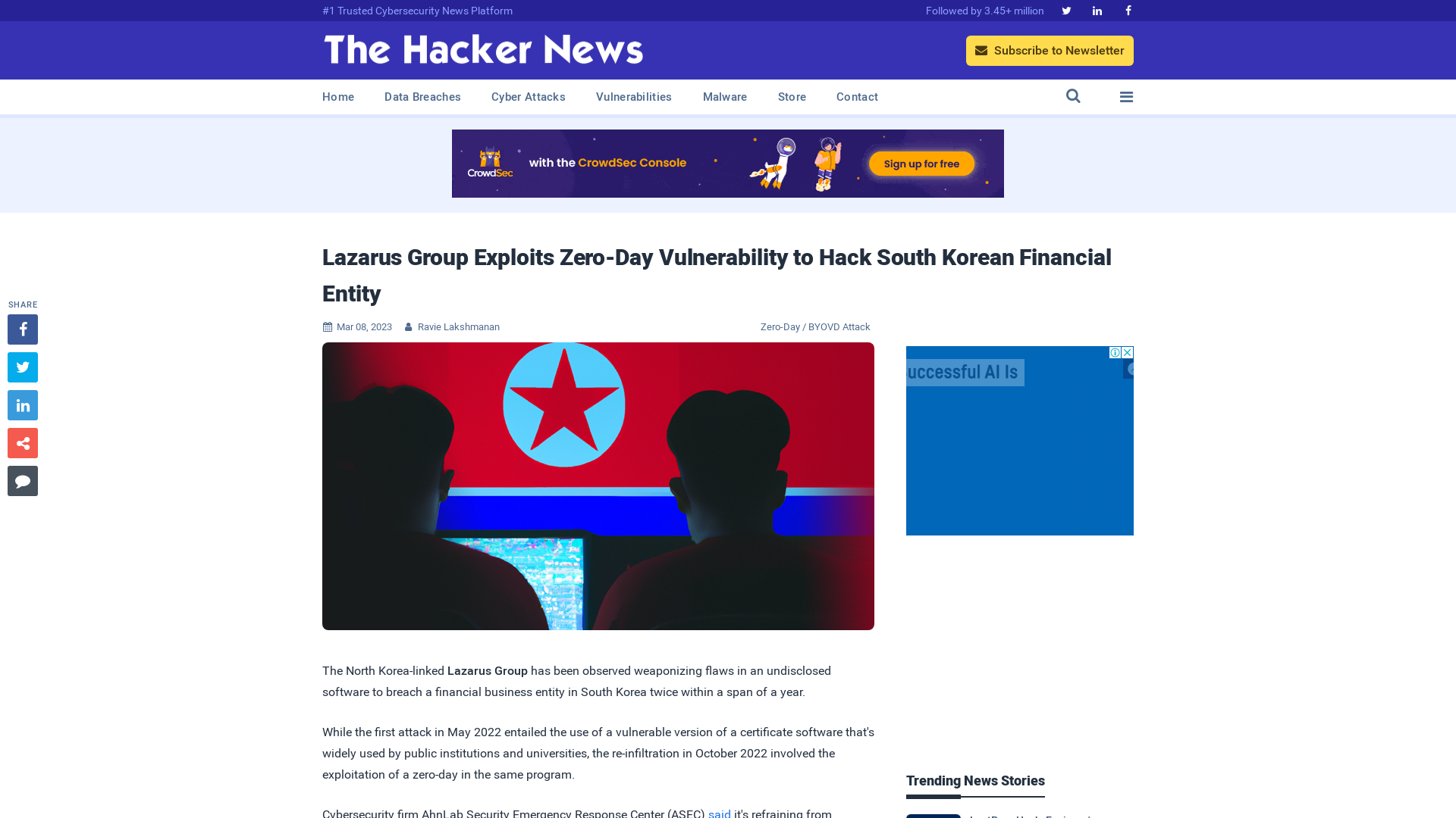 Lazarus Group Exploits Zero-Day Vulnerability to Hack South Korean Financial Entity