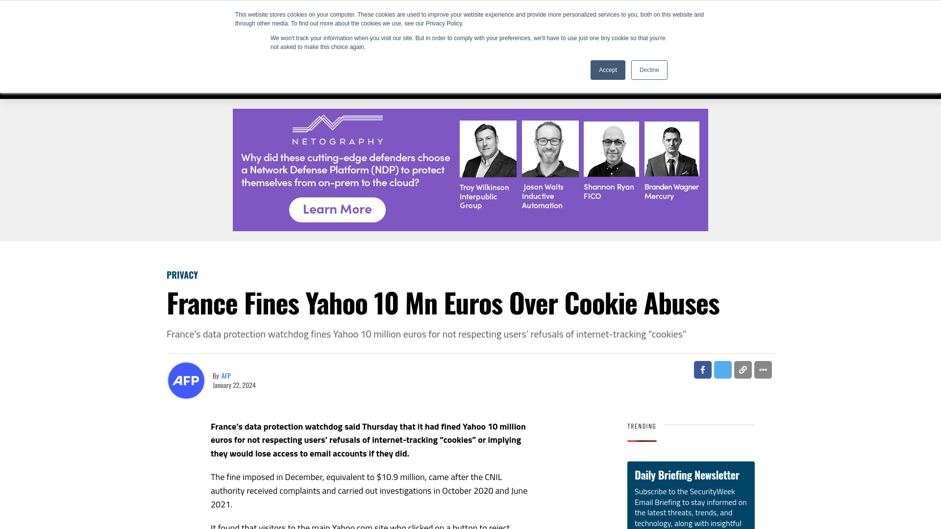 France Fines Yahoo 10 Mn Euros Over Cookie Abuses - SecurityWeek