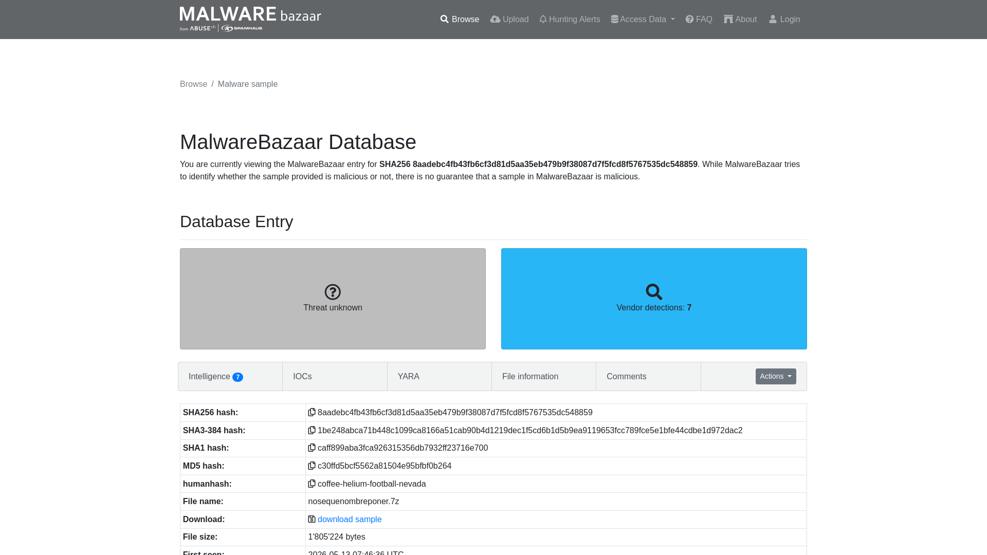 MalwareBazaar | SHA256 8aadebc4fb43fb6cf3d81d5aa35eb479b9f38087d7f5fcd8f5767535dc548859