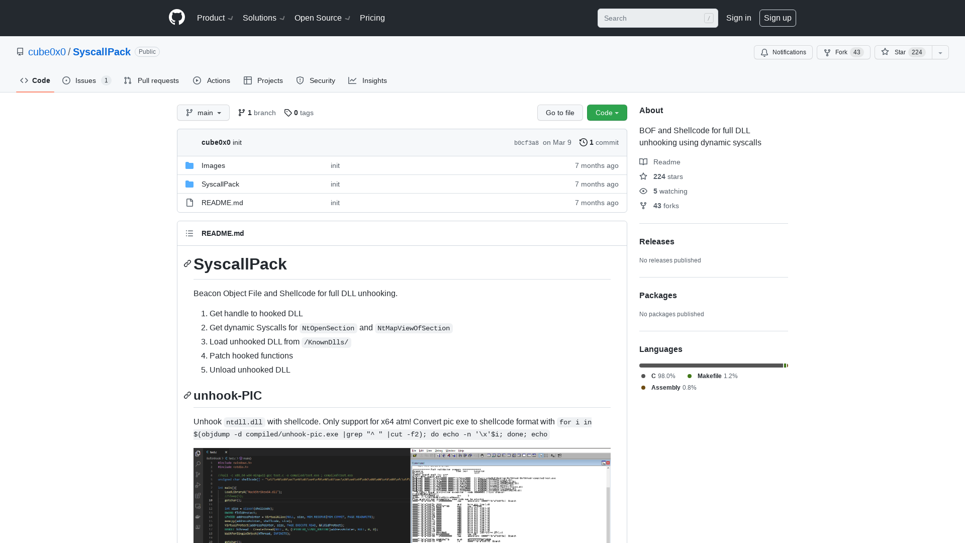 GitHub - cube0x0/SyscallPack: BOF and Shellcode for full DLL unhooking using dynamic syscalls