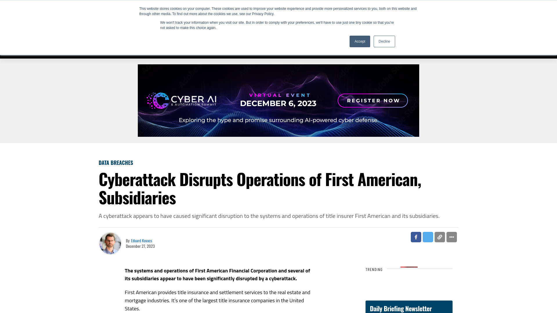 Cyberattack Disrupts Operations of First American, Subsidiaries - SecurityWeek