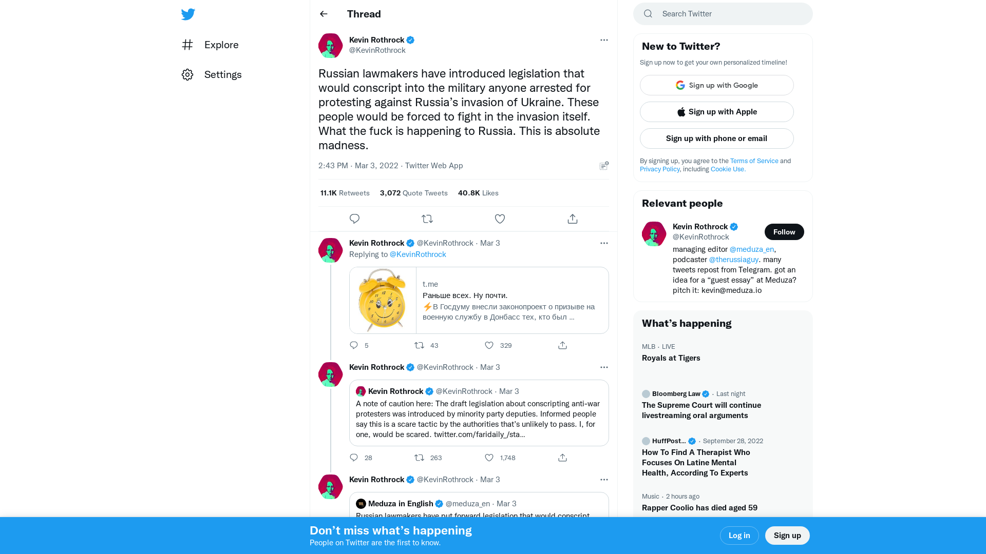 Kevin Rothrock on Twitter: "Russian lawmakers have introduced legislation that would conscript into the military anyone arrested for protesting against Russia’s invasion of Ukraine. These people would be forced to fight in the invasion itself. What the fuck is happening to Russia. This is absolute madness." / Twitter