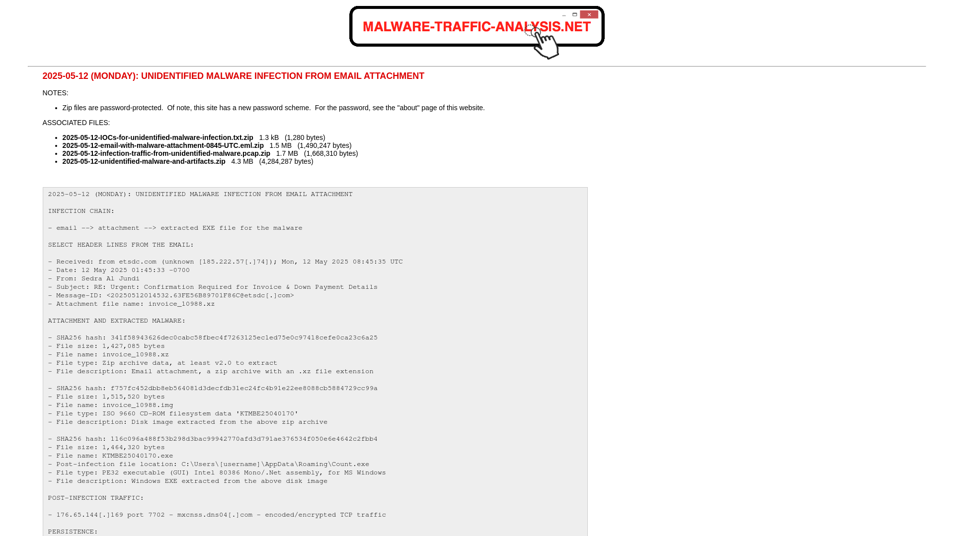 Malware-Traffic-Analysis.net - 2025-05-12: Unidentified malware infection from email attachment