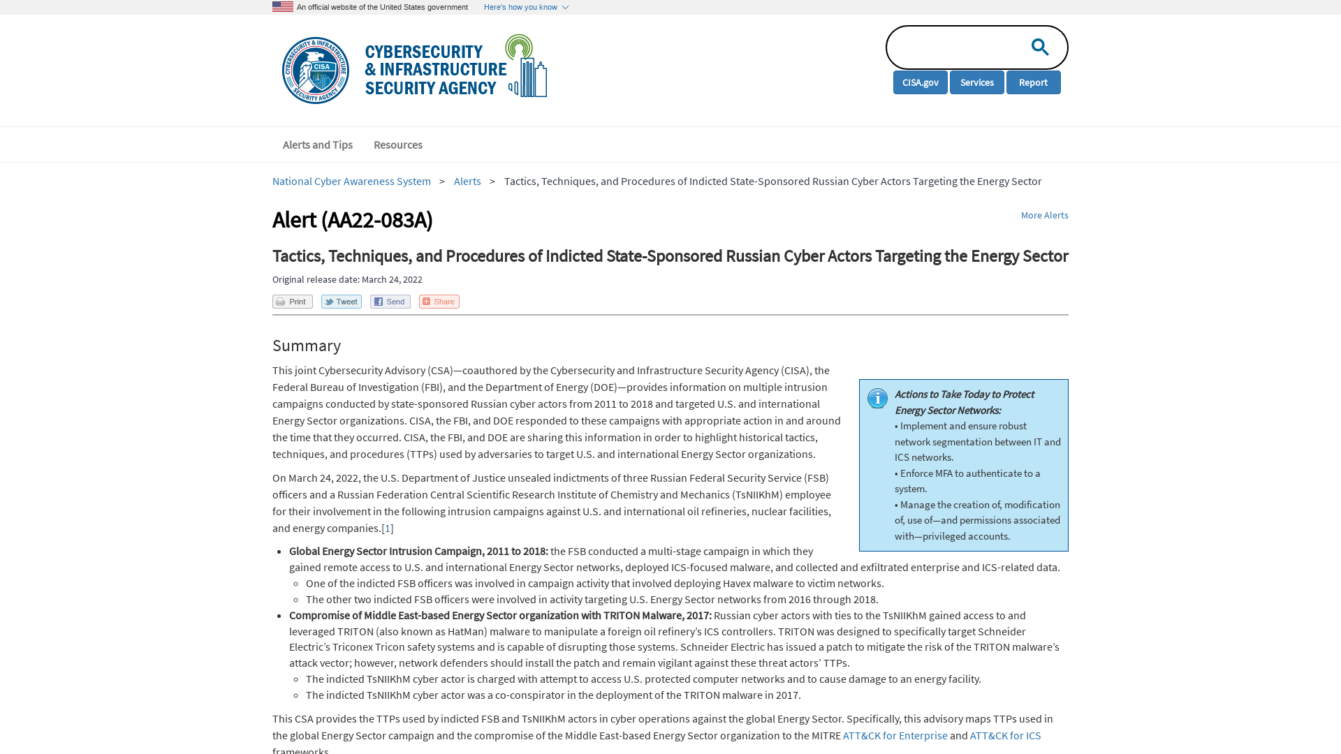 Tactics, Techniques, and Procedures of Indicted State-Sponsored Russian Cyber Actors Targeting the Energy Sector | CISA