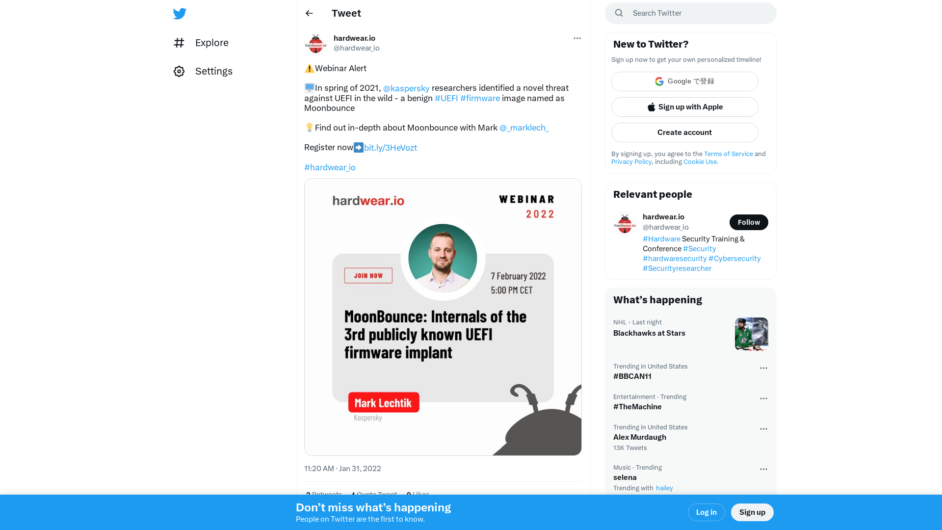 hardwear.io on Twitter: "⚠️Webinar Alert 🖥️In spring of 2021, @kaspersky researchers identified a novel threat against UEFI in the wild - a benign #UEFI #firmware image named as Moonbounce 💡Find out in-depth about Moonbounce with Mark @_marklech_ Register now➡️https://t.co/QxayHdP5yR #hardwear_io https://t.co/gdqYpvp1e0" / Twitter