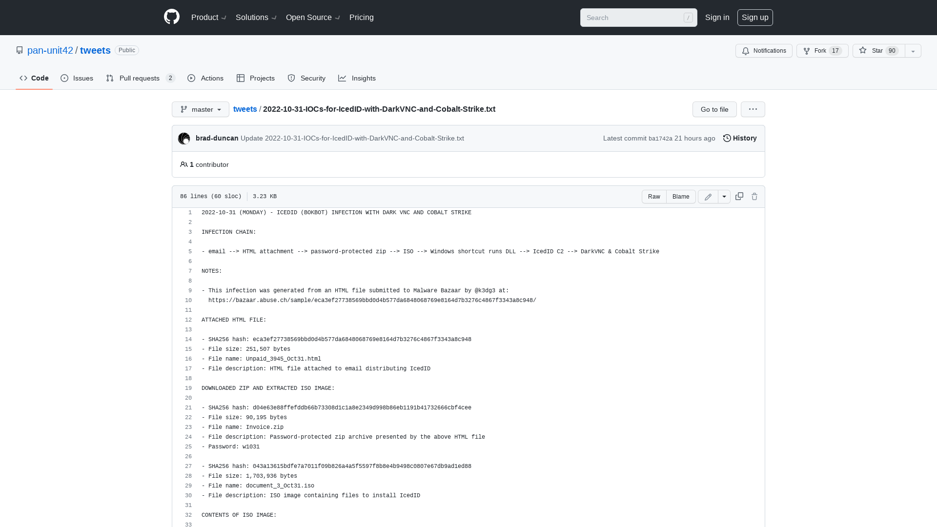 tweets/2022-10-31-IOCs-for-IcedID-with-DarkVNC-and-Cobalt-Strike.txt at master · pan-unit42/tweets · GitHub