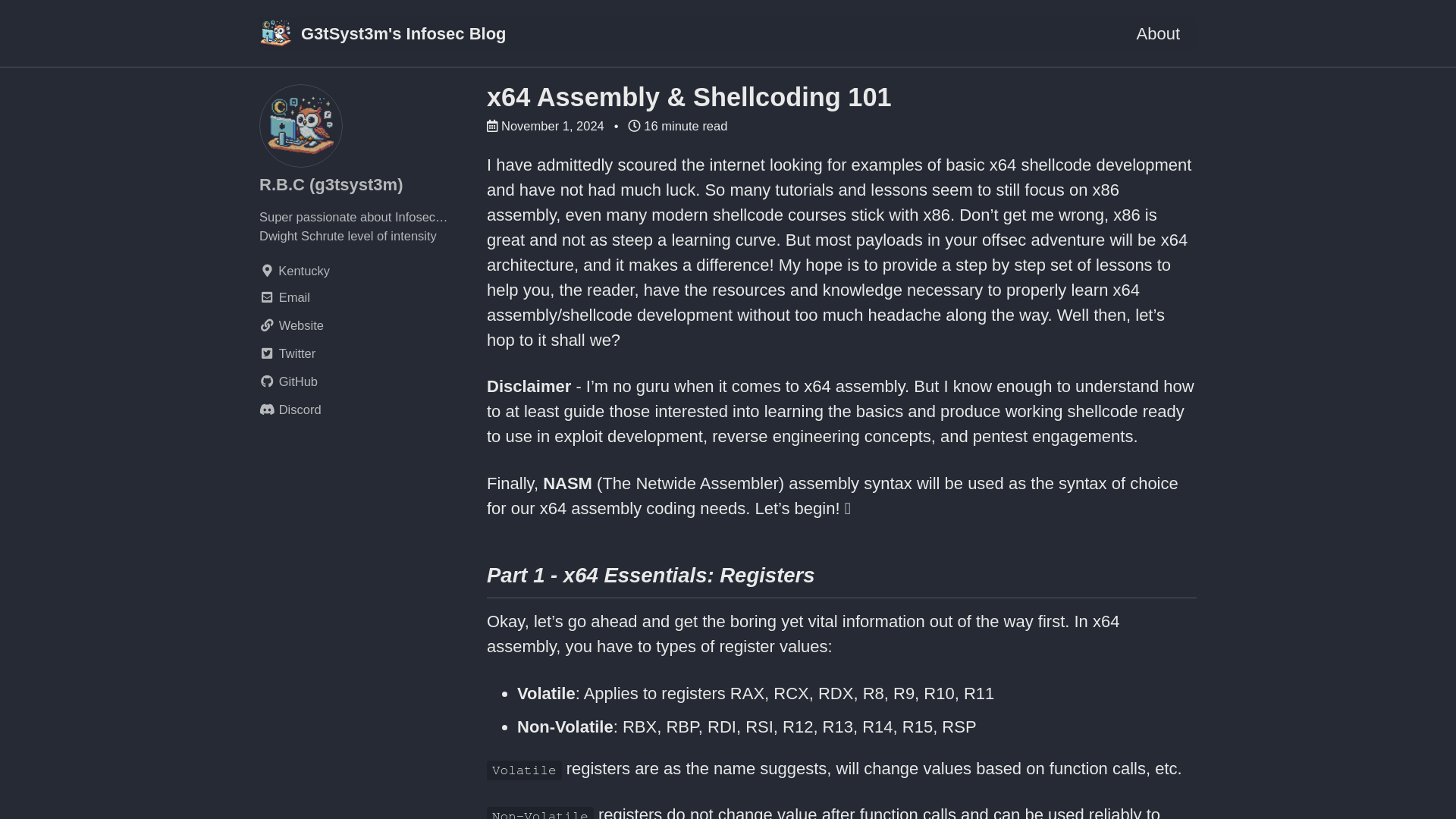 x64 Assembly & Shellcoding 101 - G3tSyst3m’s Infosec Blog