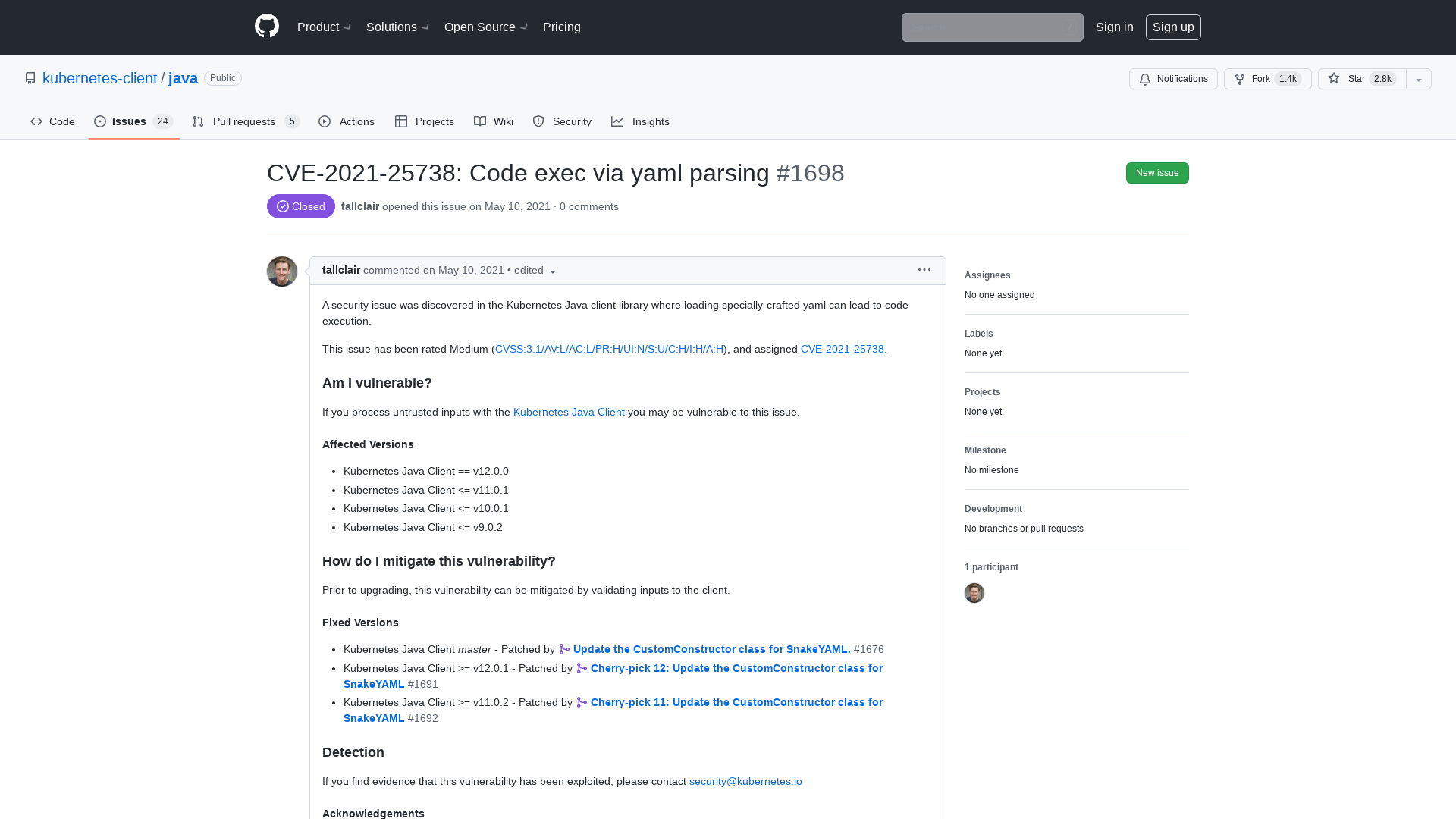 CVE-2021-25738: Code exec via yaml parsing · Issue #1698 · kubernetes-client/java · GitHub