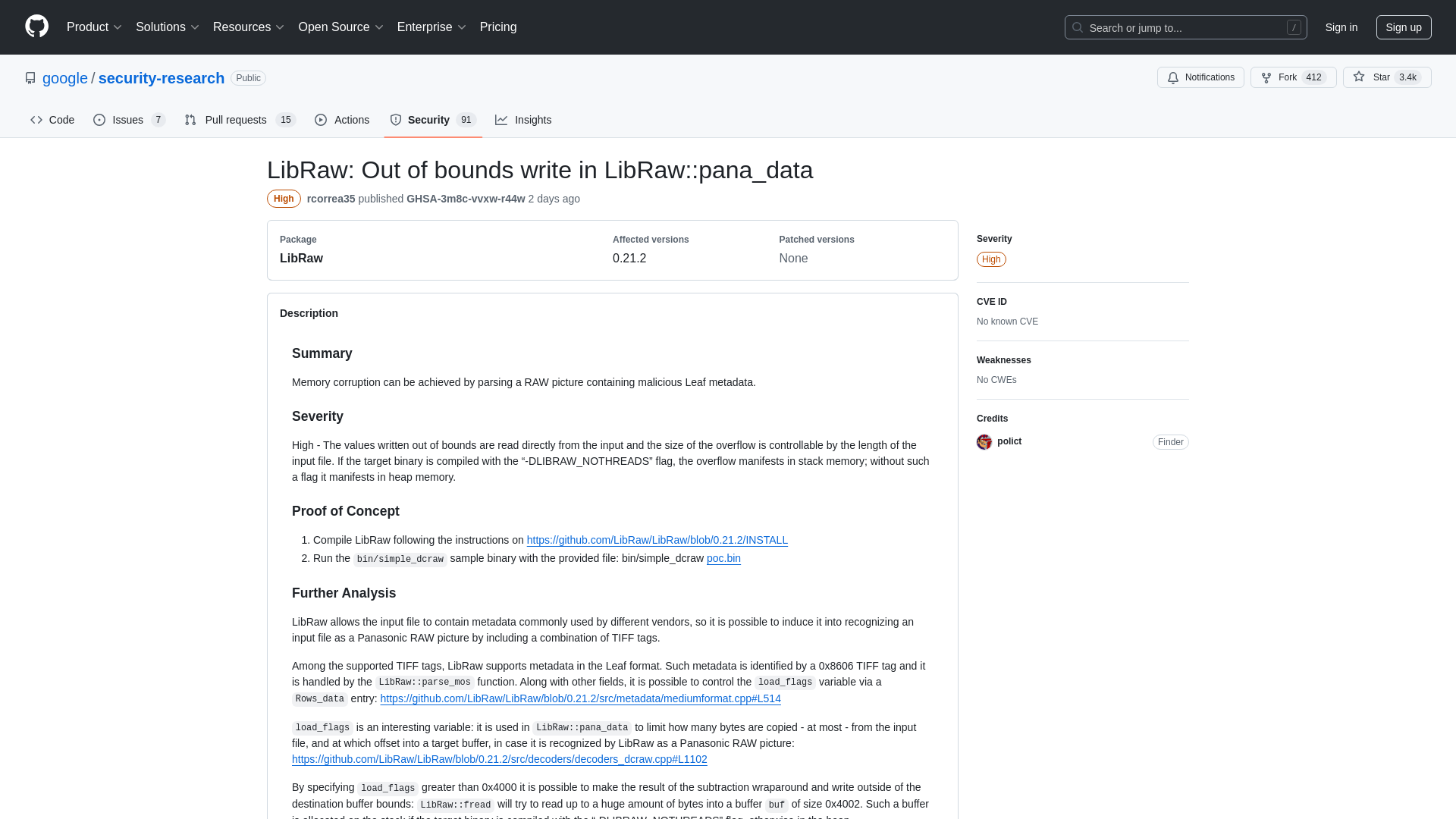 LibRaw: Out of bounds write in LibRaw::pana_data · Advisory · google/security-research · GitHub