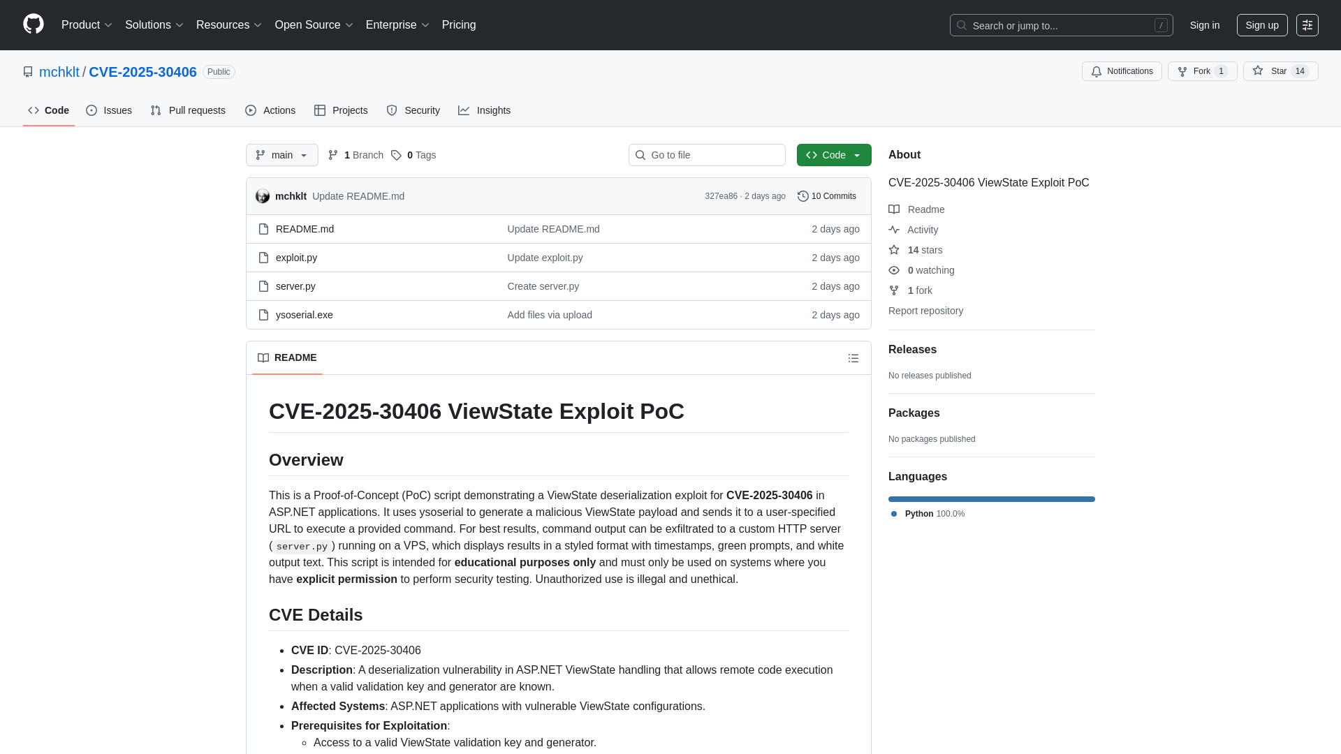 GitHub - mchklt/CVE-2025-30406: CVE-2025-30406 ViewState Exploit PoC