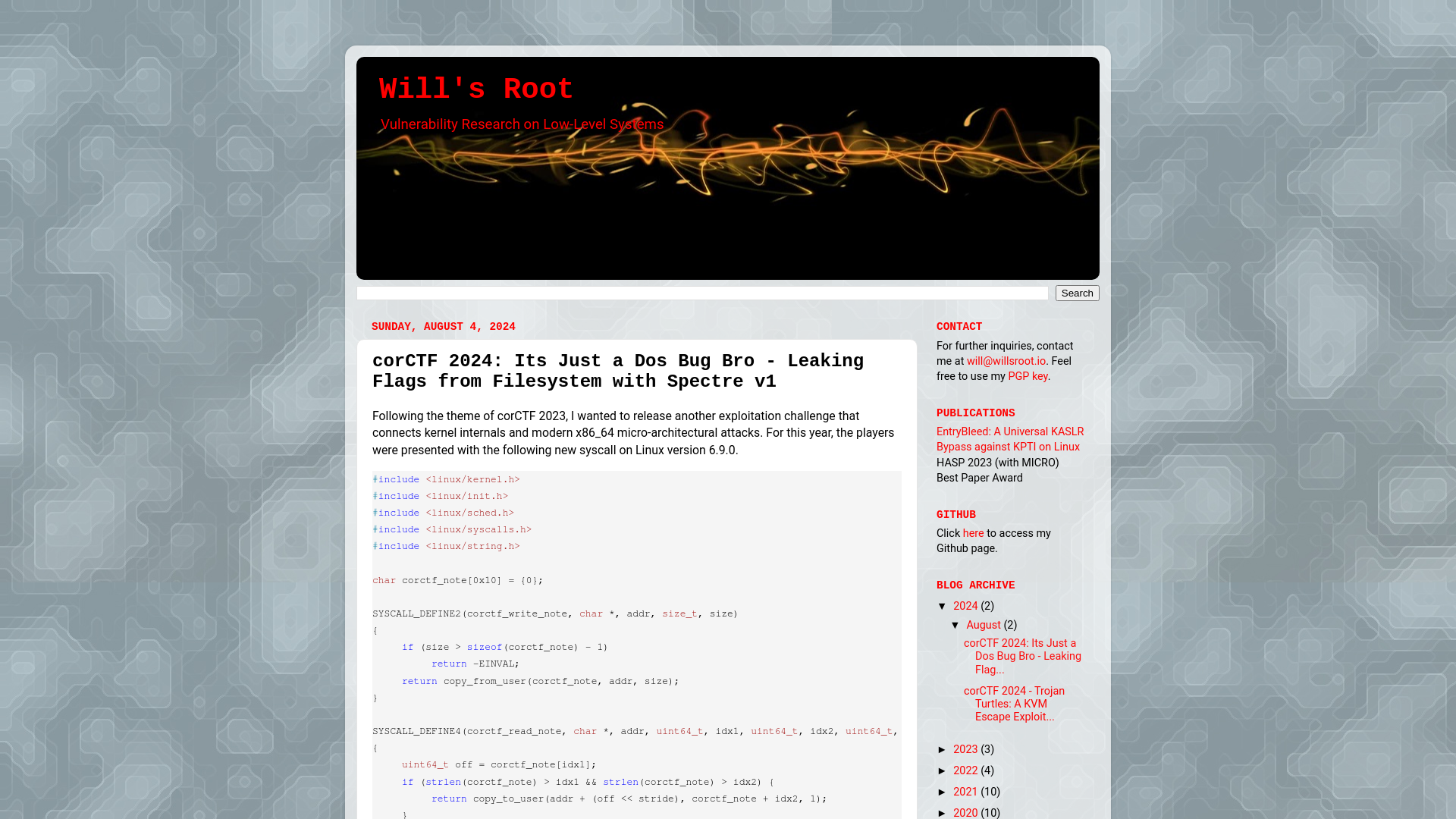 Will's Root: corCTF 2024: Its Just a Dos Bug Bro - Leaking Flags from Filesystem with Spectre v1