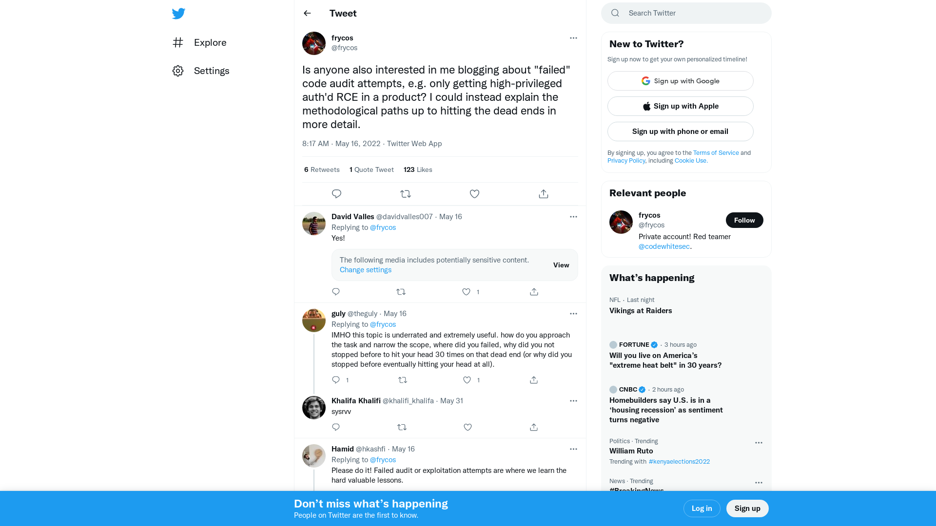 frycos on Twitter: "Is anyone also interested in me blogging about "failed" code audit attempts, e.g. only getting high-privileged auth'd RCE in a product? I could instead explain the methodological paths up to hitting the dead ends in more detail." / Twitter