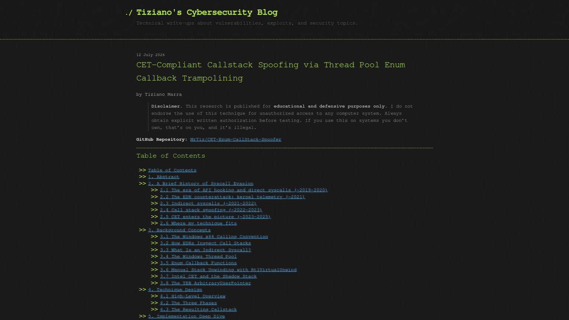 CET-Compliant Callstack Spoofing via Thread Pool Enum Callback Trampolining | Tiziano’s Cybersecurity Blog