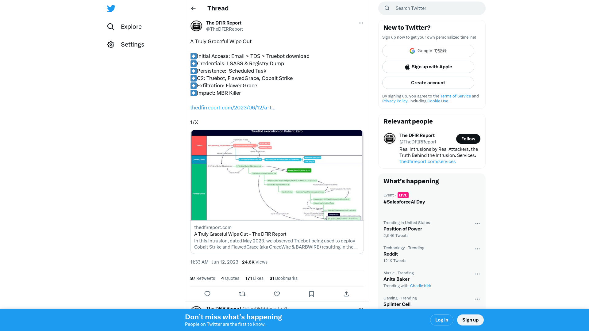 The DFIR Report on Twitter: "A Truly Graceful Wipe Out ➡️Initial Access: Email &gt; TDS &gt; Truebot download ➡️Credentials: LSASS &amp; Registry Dump ➡️Persistence: Scheduled Task ➡️C2: Truebot, FlawedGrace, Cobalt Strike ➡️Exfiltration: FlawedGrace ➡️Impact: MBR Killer https://t.co/qcAYmPmSPB 1/X" / Twitter